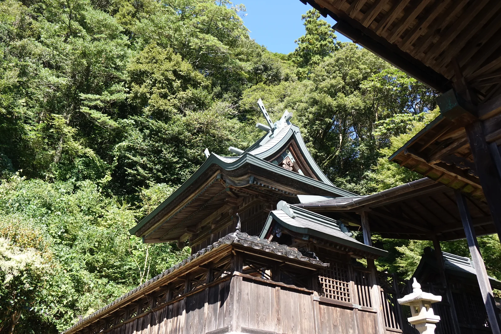 從城上神社拜殿側後方往上看銅板葺的本殿，脊上立著白色的千木與鰹木，兩棟之間以瓦葺的短廊相接
