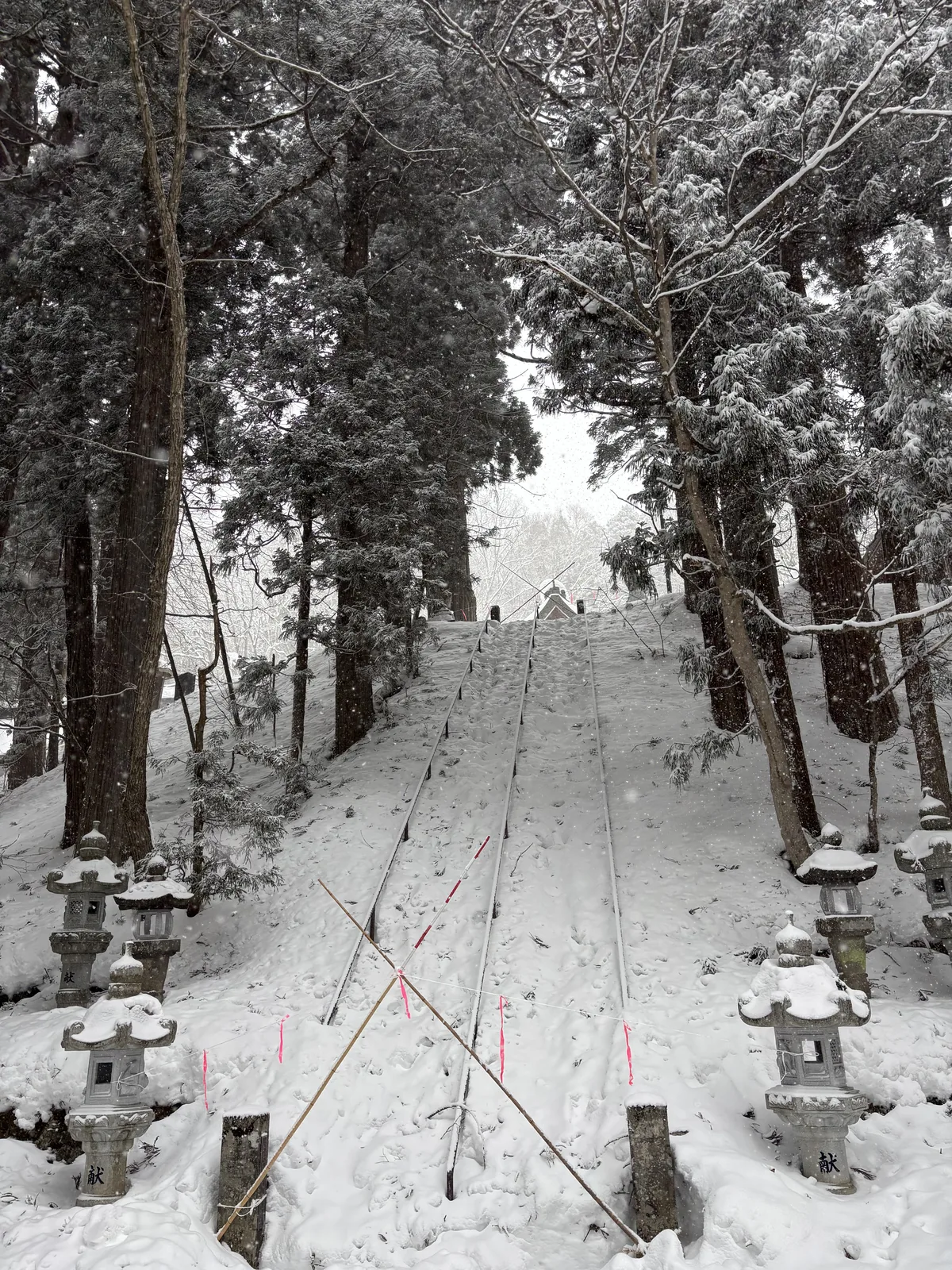 中社的石段被壓雪填成一道白坡，兩側石燈籠只露出上半