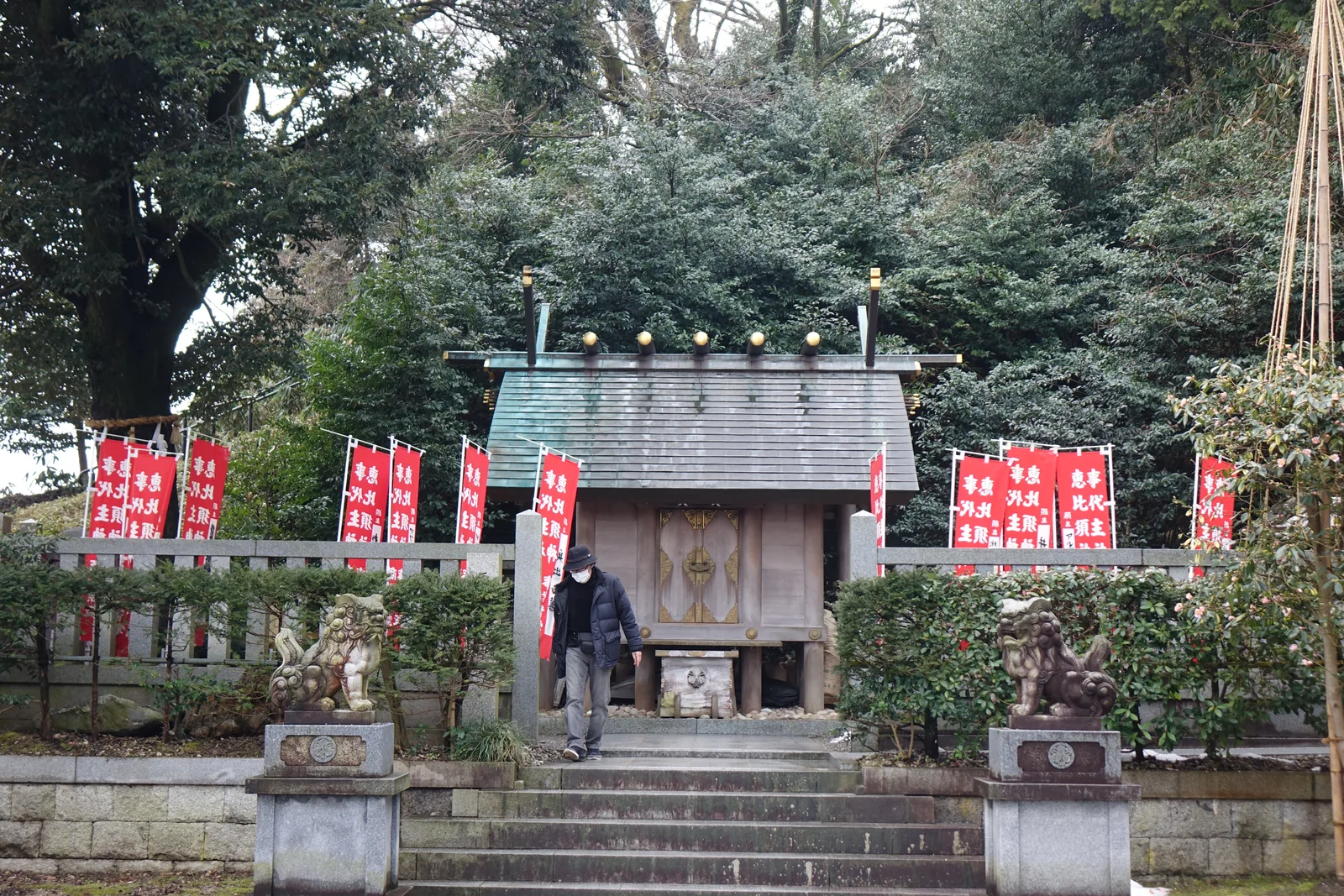 毛谷黑龍神社境內的一座境內社，石段上一對狛犬，兩側插滿紅幟