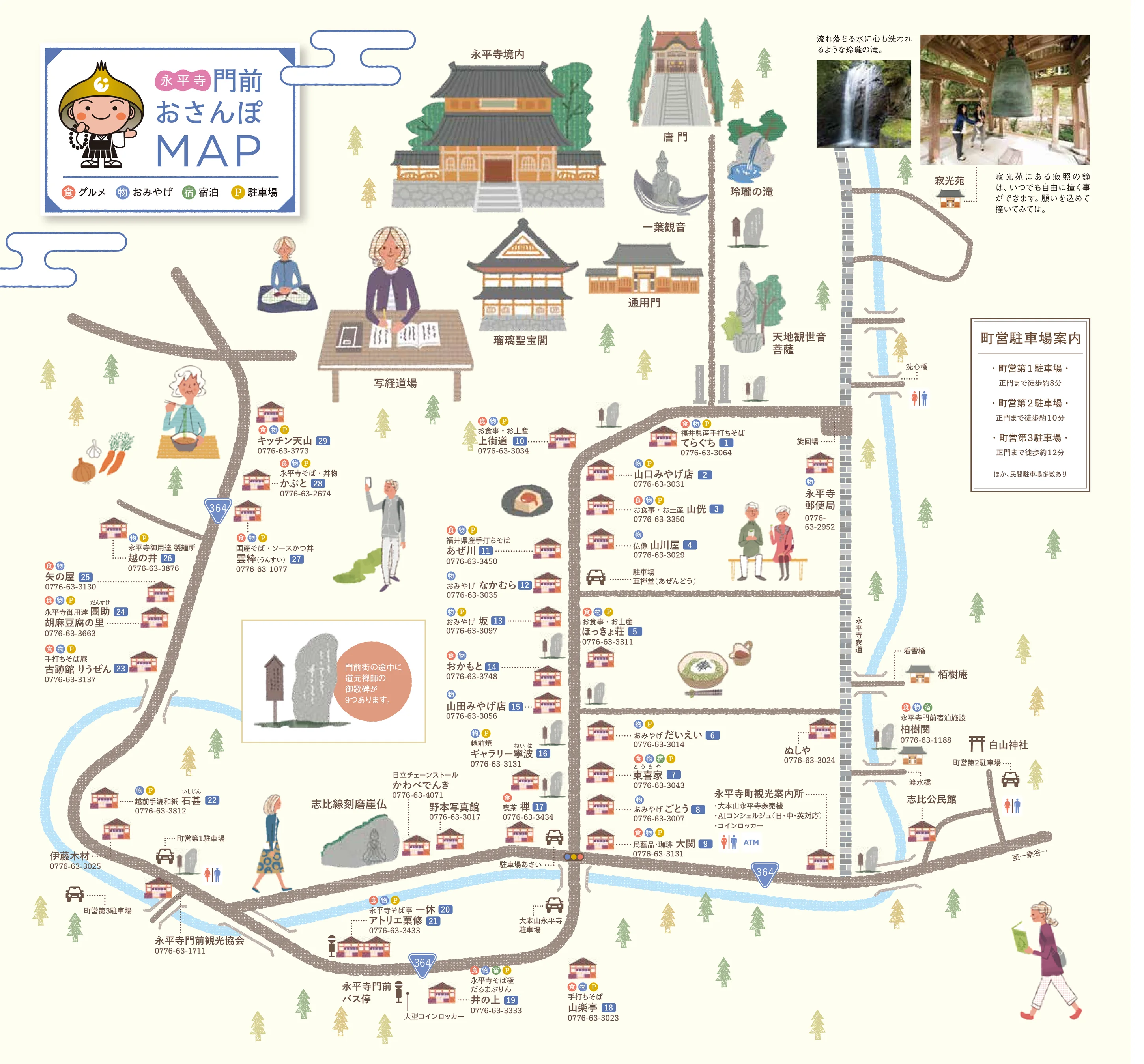 永平寺門前おさんぽMAP：永平寺境內、唐門、通用門、瑠璃聖寶閣、寂光苑、門前的店家、柏樹關、白山神社