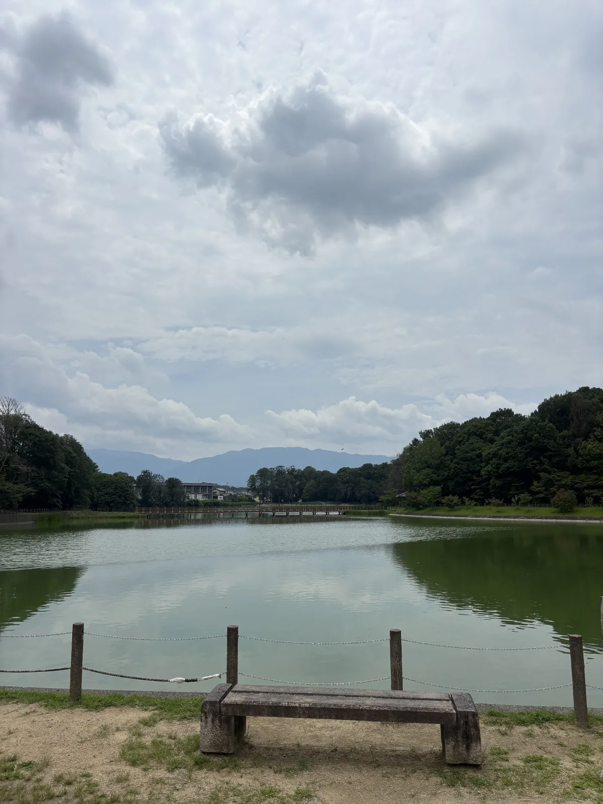 境內南半的水面，約四萬九千五百平方公尺，傳為飛鳥時代造成。對岸是樹林，更遠處看得到山的稜線。岸邊一張木製長凳與一排低樁。它比這座神宮老一千兩百年以上。