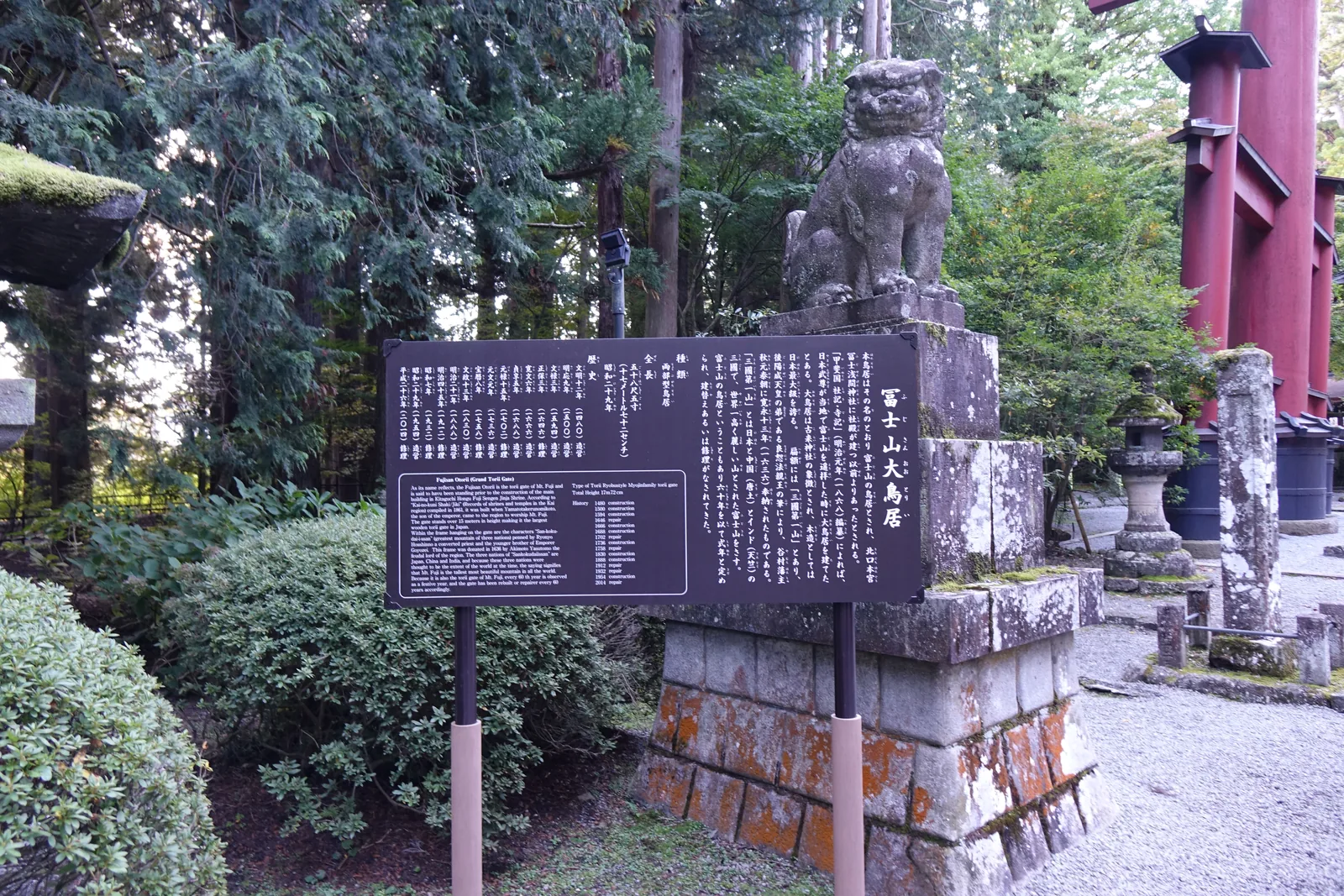 深褐色的說明板，直書。抄下的重點：種類為兩部型鳥居，全長五十八尺五寸（十七點七二公尺），現在這一座是昭和二十九年。左半是歷史一覽，從文明十二年（1480）造營到平成二十六年（2014）修理，共十五筆。板子右後方是石造的狛犬與朱紅的鳥居柱。