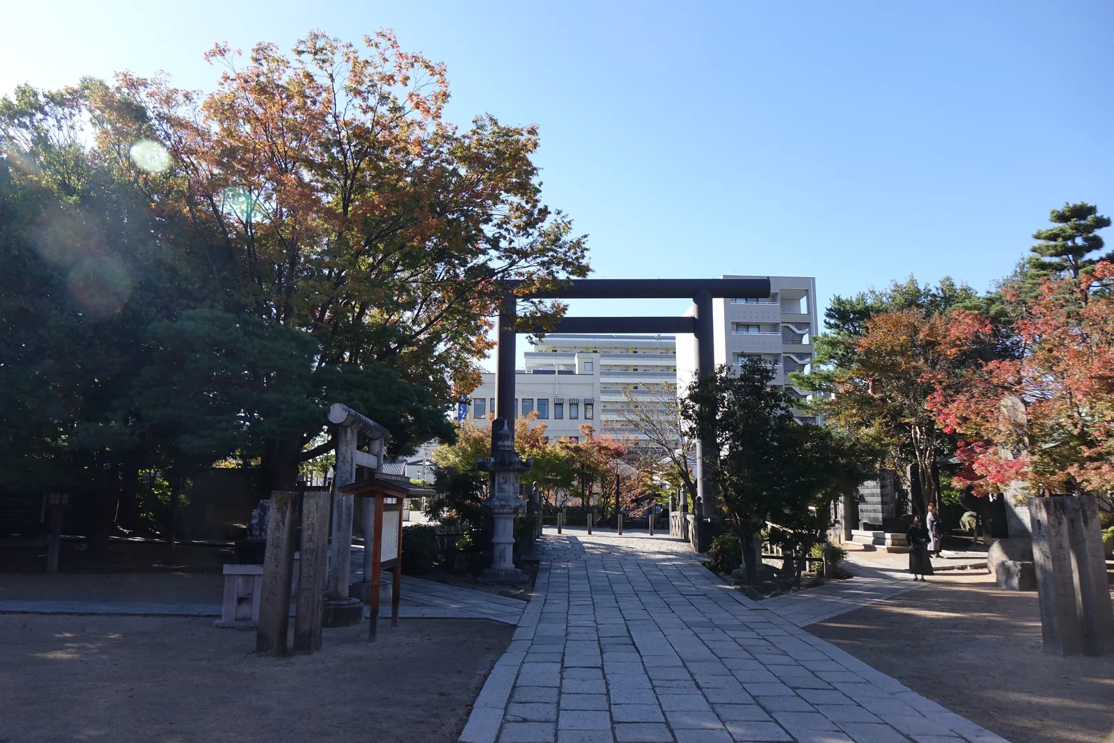 從境內往南看。深色的木造明神鳥居（みょうじんとりい myōjin torii，橫木兩端上翹、上方另加一道笠木的鳥居形式）立在石板參道的中段，兩側是修剪過的松與轉紅的楓，左邊是說明板與石燈籠。鳥居的另一頭直接就是市街的現代大樓——這座神社四面被市街包住。