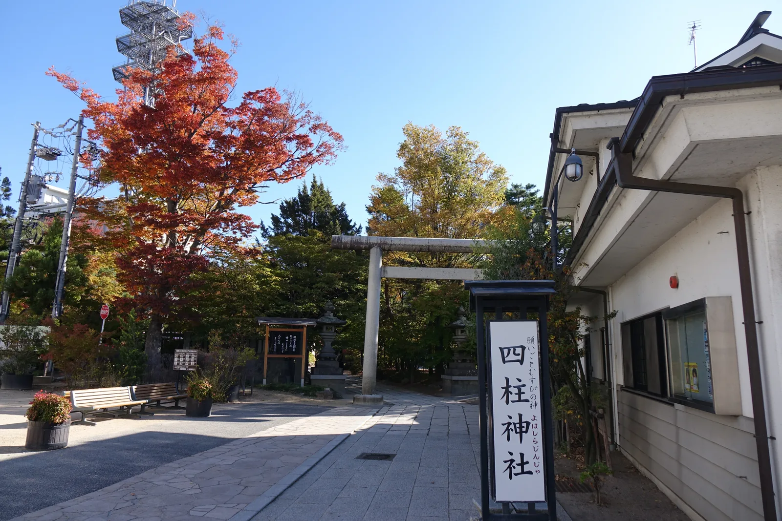 白底黑字的直立社號標寫「四柱神社」，旁邊小字加註讀音。標的後方是石鳥居與轉紅的楓，右側是一棟白牆的社務所建物。這一面是從繩手通り方向進來的入口。