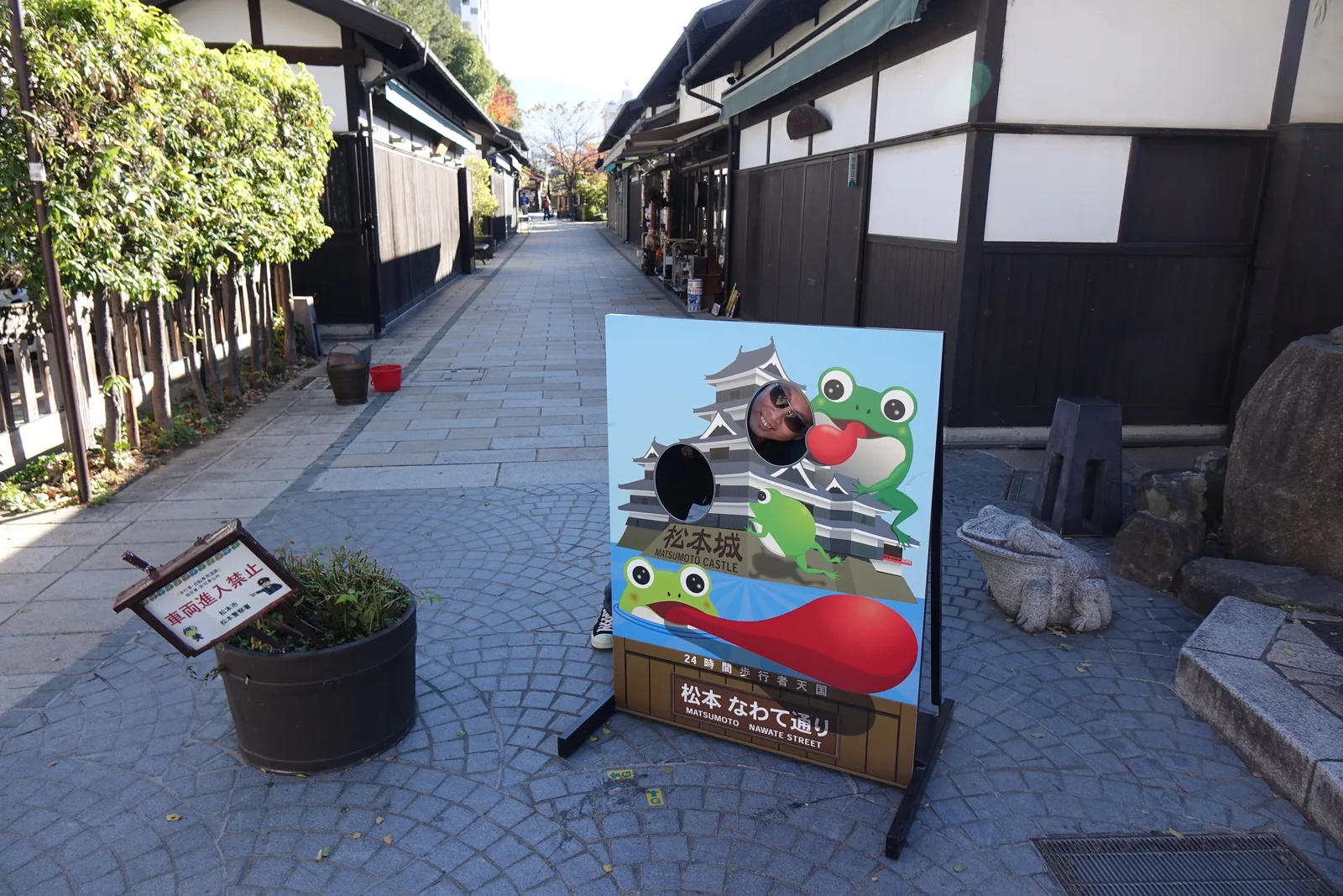 一塊立在花盆旁的看板，畫著松本城的天守與兩隻大眼睛、長舌頭的青蛙，下方橫書「松本 なわて通り」。看板背後就是白牆黑木的連棟店面。青蛙是這條街的象徵，來由是女鳥羽川裡曾經大量棲息的河鹿蛙。