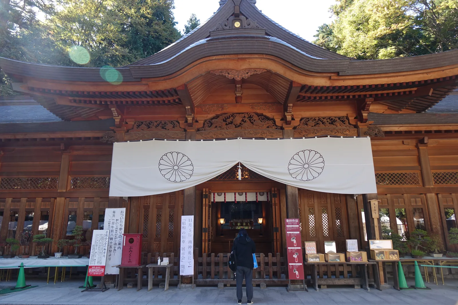 拜殿的正面。全部素木（しらき shiraki，不上漆、保留木材原色的作法），新的木料在側光下接近蜜色；正面掛一整幅白幕，幕上兩個菊紋，中央留出一道進到內部的縫。向拜作唐破風，破風底下密排雕刻。前方是碎石廣場與參拜者。