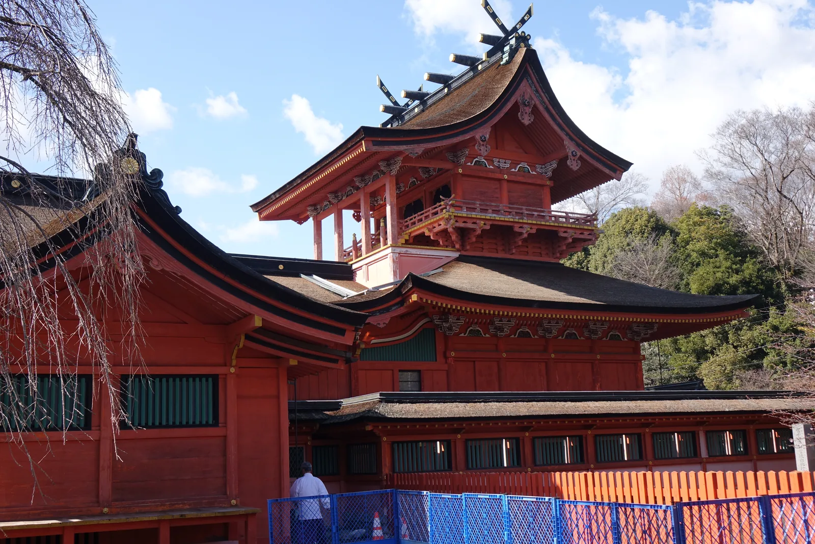 從側面仰看本殿。下層是朱塗的寄棟，上層架空在下層的屋頂上，三間社流造，屋脊上一排金口的鰹木（かつおぎ katsuogi，橫架在屋脊上的圓木）與外削的千木（ちぎ chigi，屋脊兩端交叉突出的木材），檜皮葺（ひわだぶき hiwadabuki，用檜樹皮層層疊鋪的屋頂）的屋面呈褐色。前景是拜殿的簷角與一株尚未開花的枝垂櫻，右下角圍著藍色的工事柵欄。這是淺間造，官方自己寫它沒有第二個例子。