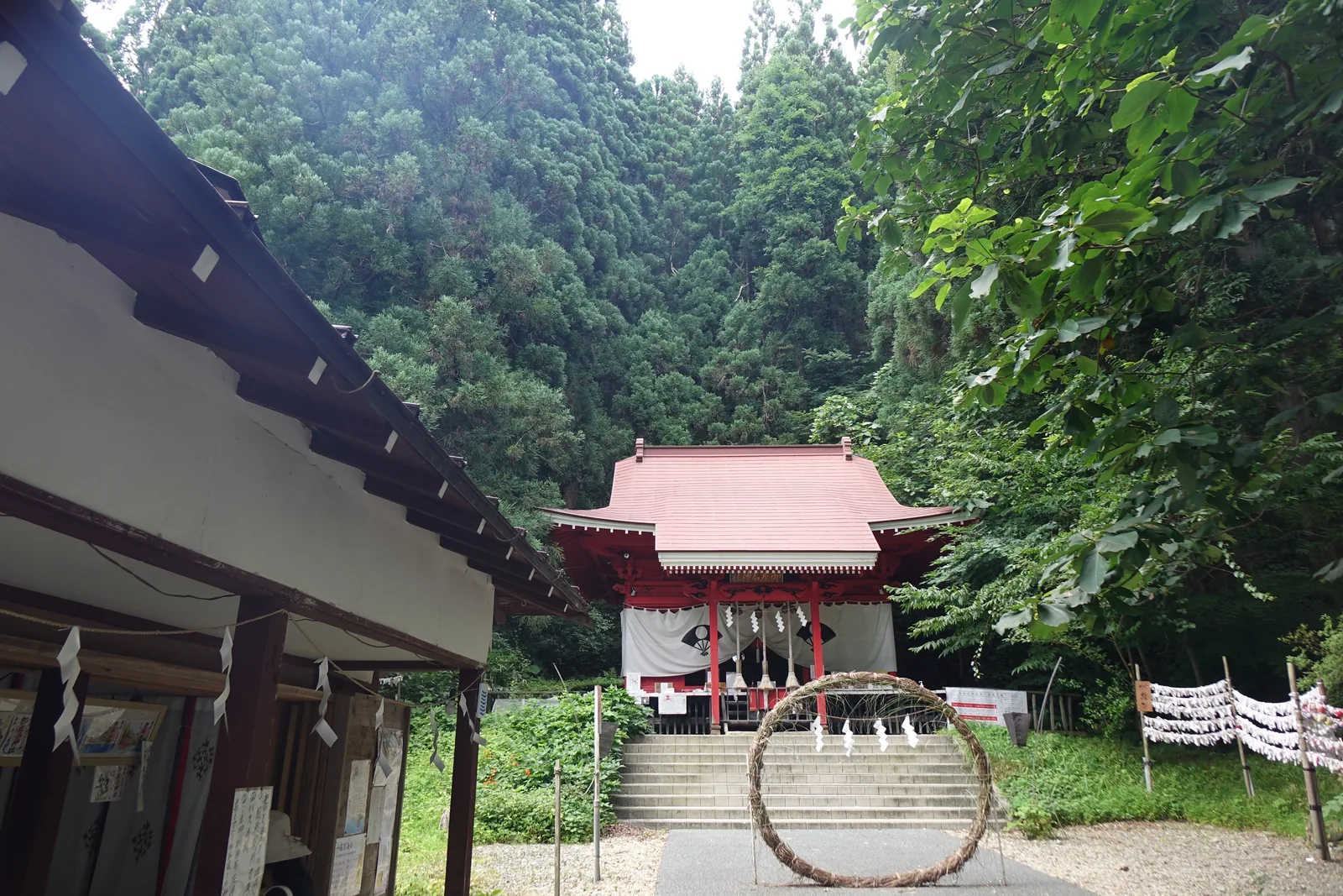 從授与所的簷下望出去。白牆的小屋在畫面左側，正中是石階與茅の輪，再上去是朱塗的社殿。境內很窄，從屋簷到社殿一眼看完。