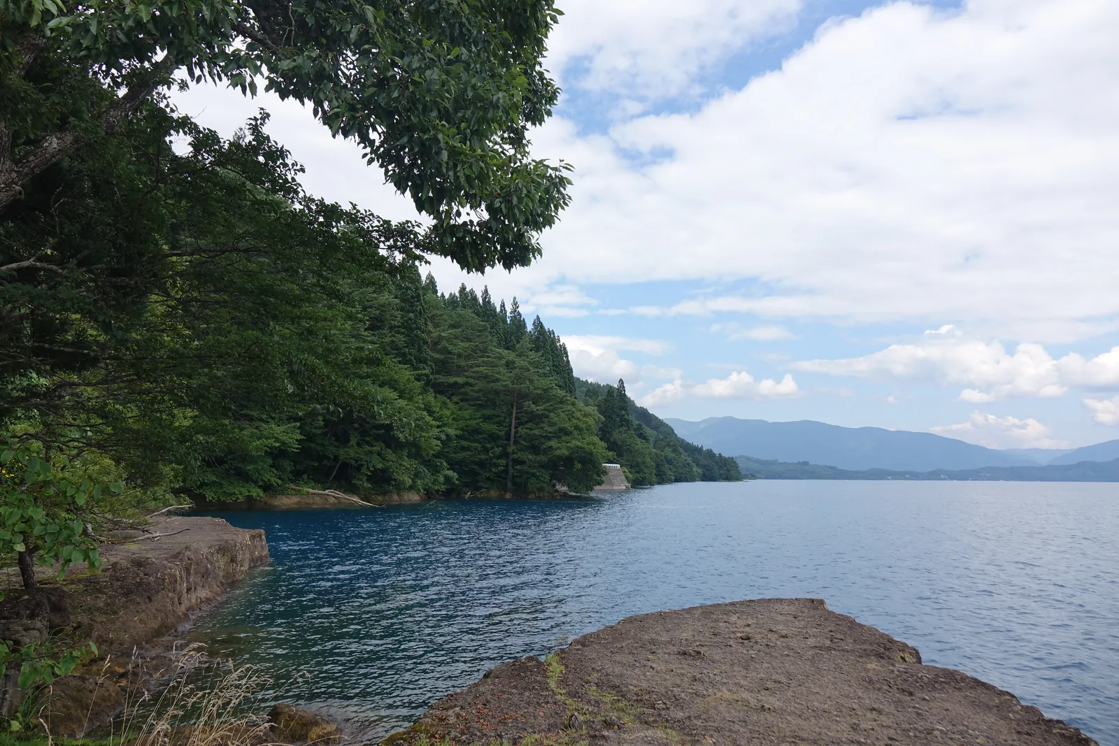 探進湖裡的平坦岩棚。表面接近水平、裂成不規則的格狀，邊緣沒入水中；遠處是對岸的山與雲。縣神社廳的由緒把它形容成「與水面等高、有如榻榻米一般的區劃」。