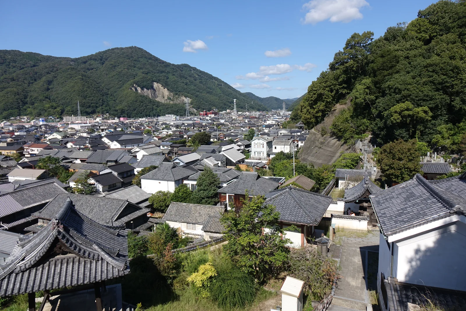 從普明閣的舞台上往下看竹原町並み，整片灰色的本瓦屋頂鋪到山腳，背後是連續的丘陵