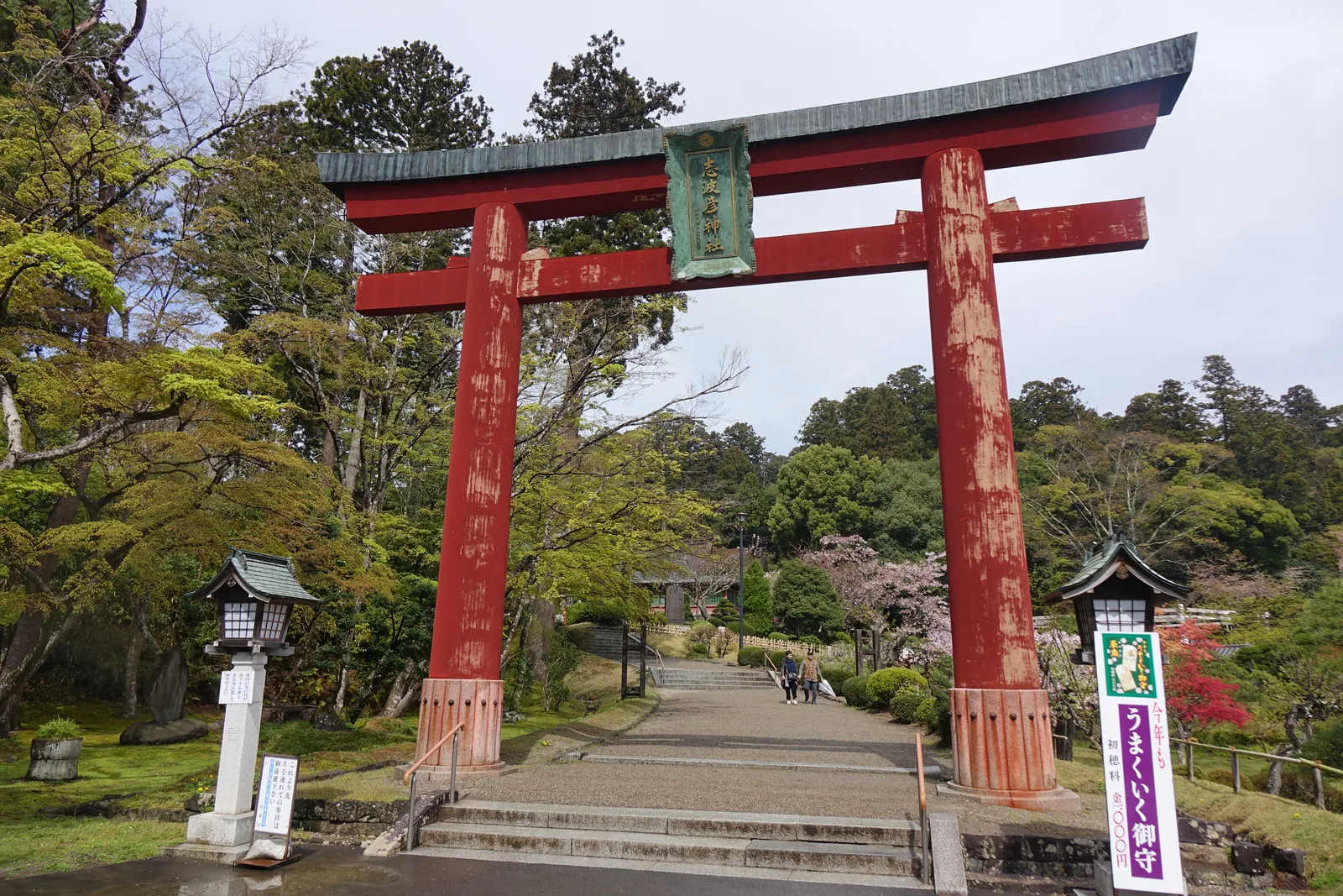 朱塗的明神鳥居（みょうじんとりい myōjin-torii，笠木兩端上翹的鳥居形式）橫過畫面，額束（がくづか gakuzuka，橫木中央的短柱）上是綠底金字的匾。柱身的漆已剝落，露出底下的木紋。鳥居兩側各有一基銅板屋頂的石燈籠，後方是往上的石段與參道，右側立著紫色的幟。