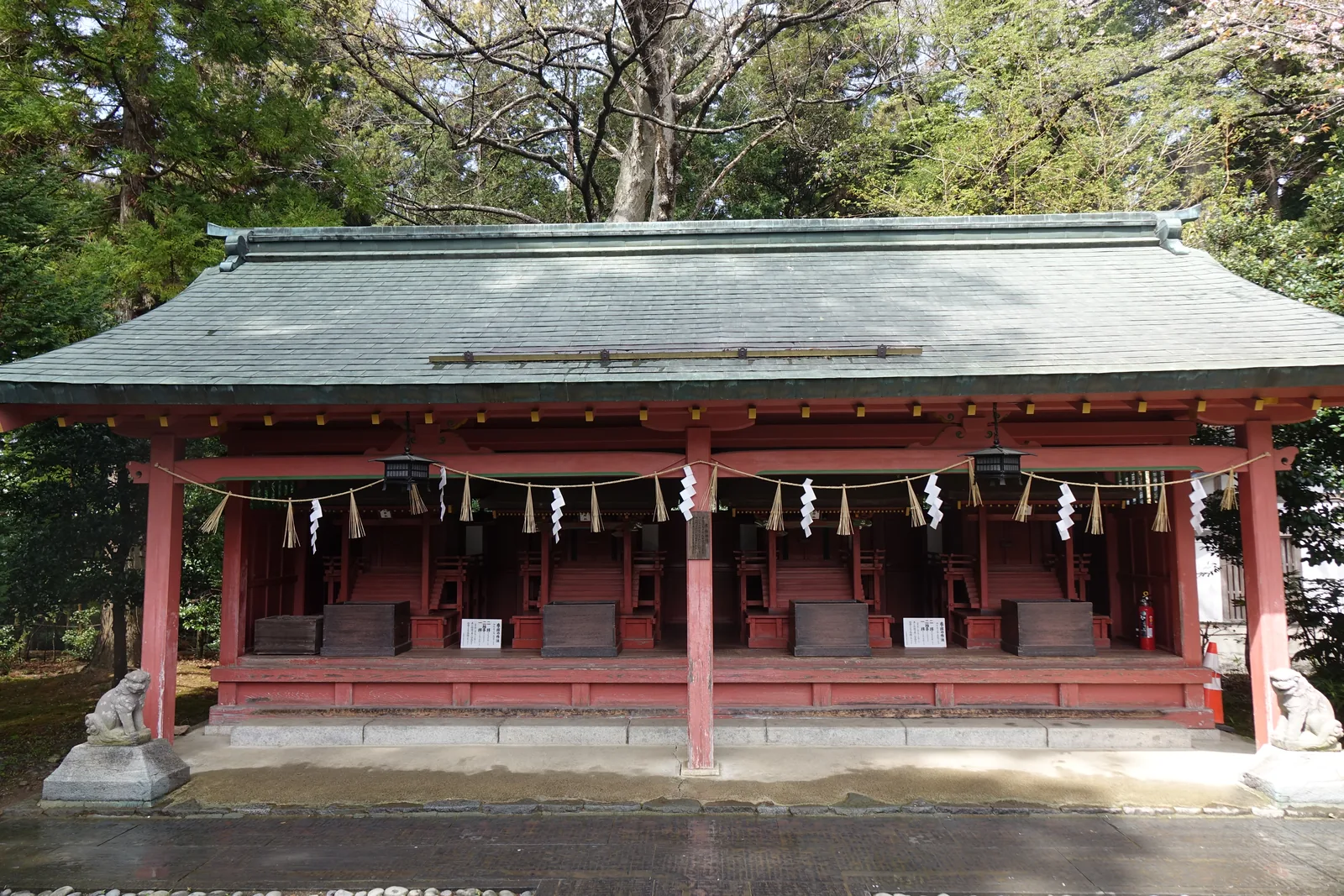 一棟五開間、不設向拜的朱塗拜殿，屋頂是發綠的銅板，屋簷下橫著注連繩與白色的紙垂，內側是綠色的連子窗。階前左右各蹲著一尊狛犬（こまいぬ komainu，守在神域入口的一對石獸）。地面濕，反射著天光。