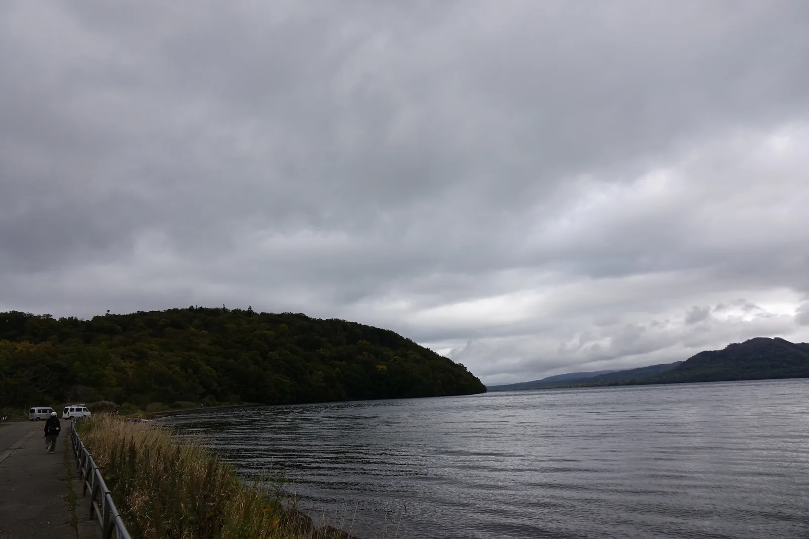 屈斜路湖的湖畔道路，左側整片隆起的樹林是和琴半島，右側是灰色的湖面與遠處的外輪山