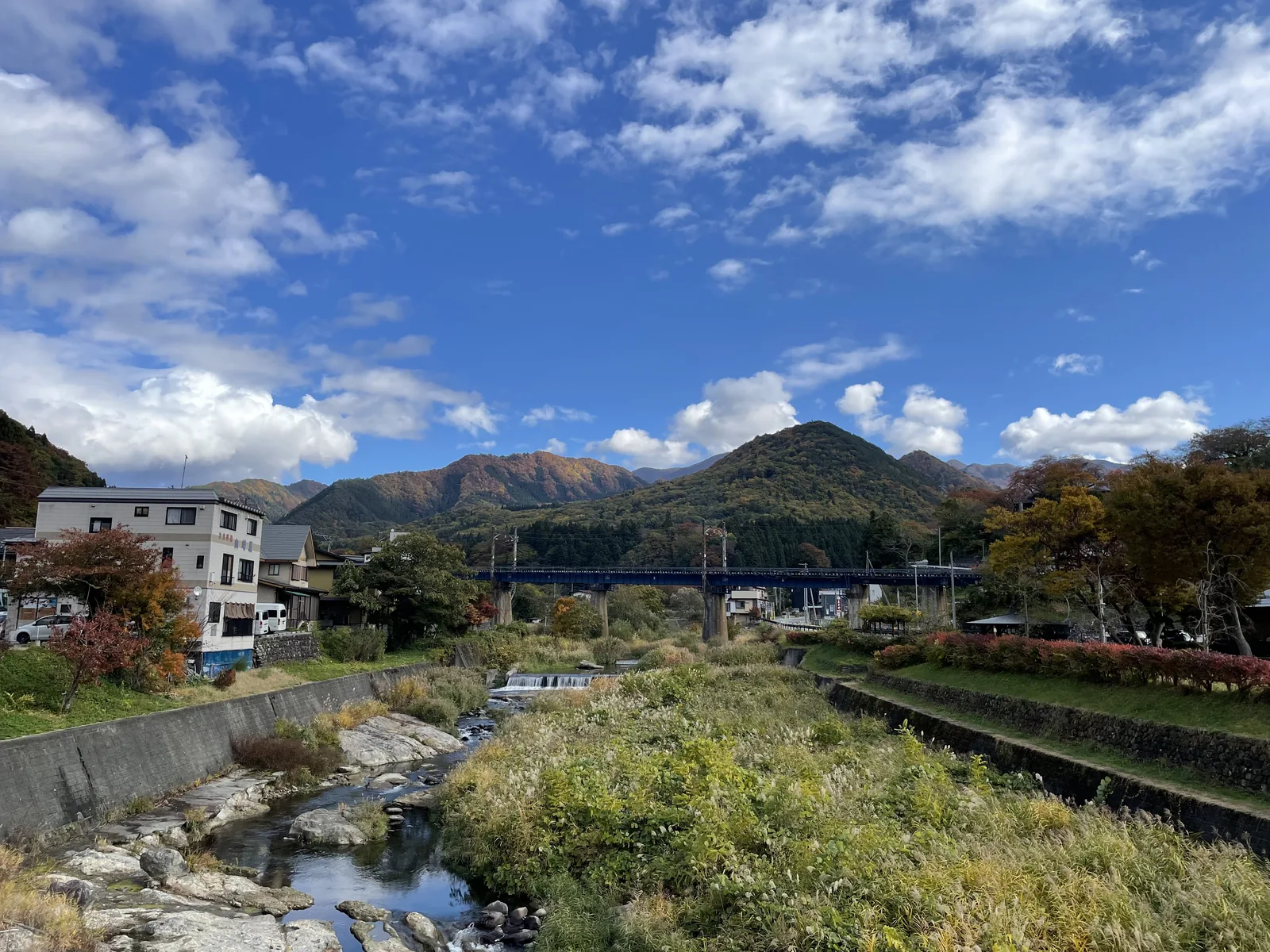 從橋上往上游看。河床開闊，兩岸是低矮的住宅與旅館，遠處是出羽丘陵的稜線。這是十一點四十分、還沒上山之前的天色。