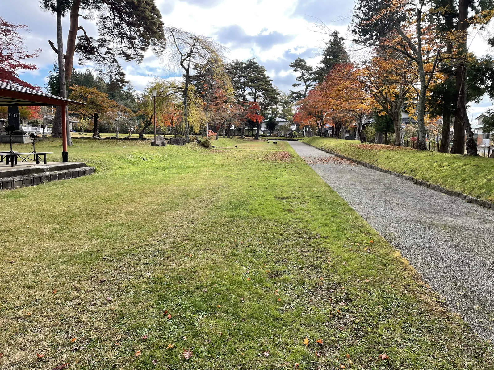 從坡腳往南看整片馬場。草地寬得看不出邊界，一條碎石路從中間穿過去，遠處一排樹之後才是社叢；落葉散在草上。平常的三百六十二天，它就是這樣空著。