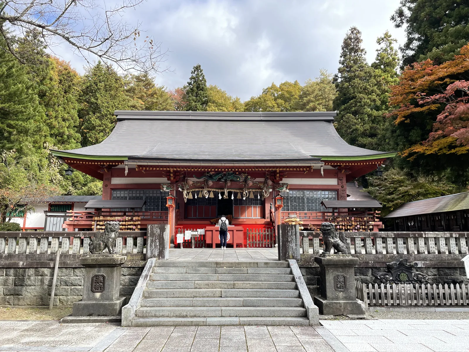 朱塗的拜殿站在石階頂上，兩側石燈籠，欄杆前一對狛犬（komainu，鎮守社殿的一對石獸）。屋頂是東日本大震災後改葺的鐵板。