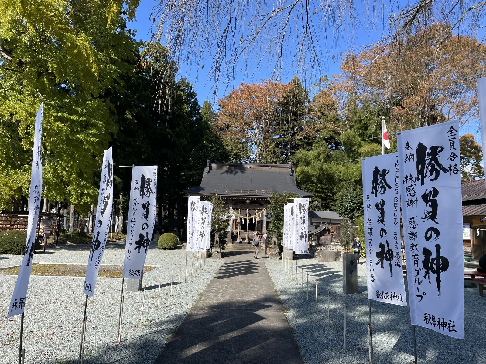 正參道。白底黑字的幟旗沿兩側一路插到拜殿前，每一面都寫「勝負の神」，落款「秋保神社」。奉納一式六千日圓、記名，所以旗子的密度就是奉納件數。十一月初的早上十點，影子還很長。