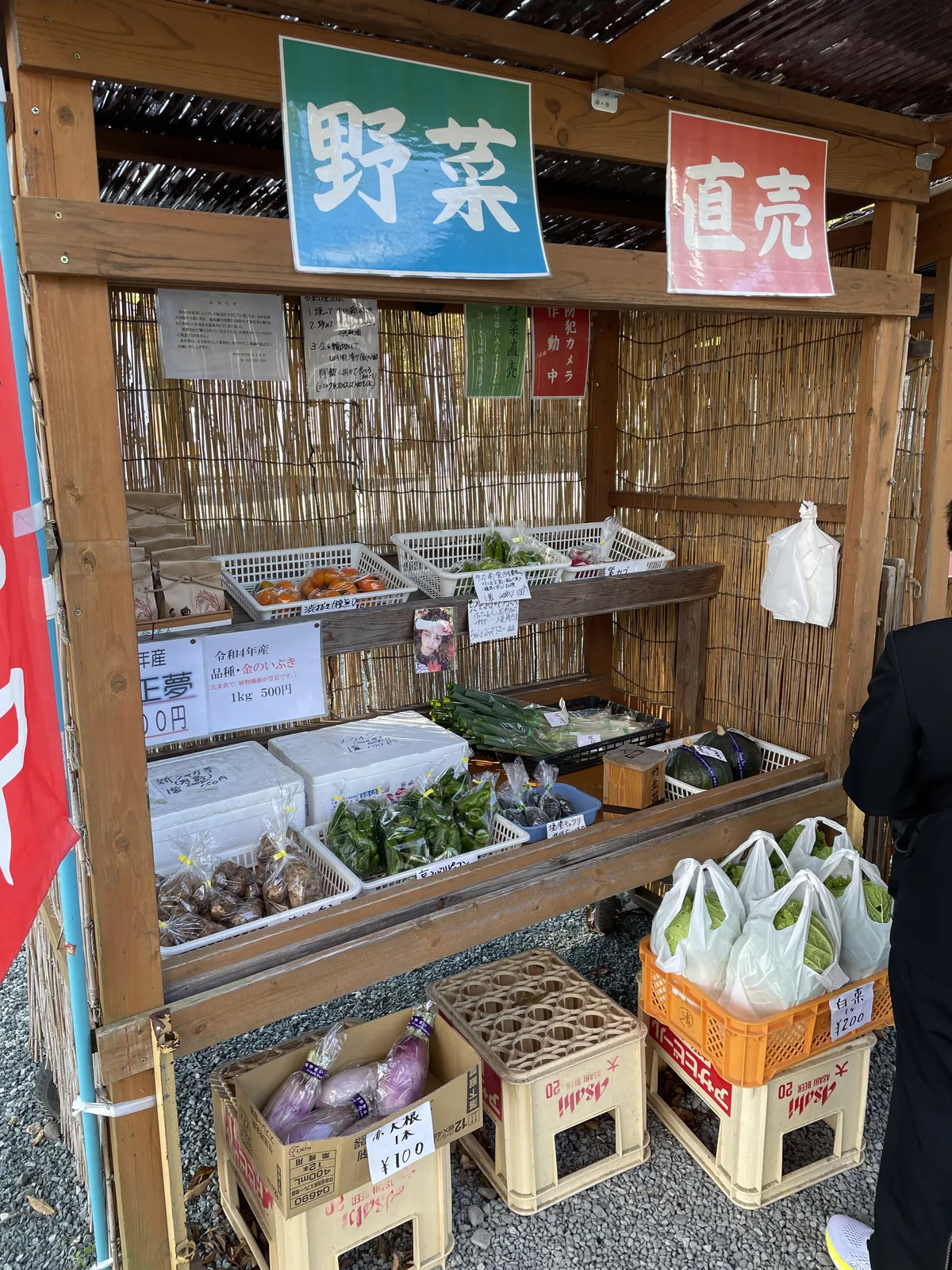 竹簾圍出來的木棚，掛著「野菜」與「直売」兩塊招牌。架上是香菇、甘長青椒、長蔥、南瓜，地上疊著啤酒箱裝的紫皮茄子與紅蘿蔔，手寫價目：白菜一顆兩百日圓、紅大根一根一百、令和四年產「金のいぶき」糙米一公斤五百。旁邊另貼一張「防犯カメラ作動中」——無人看管的攤子，用一張紙代替人。