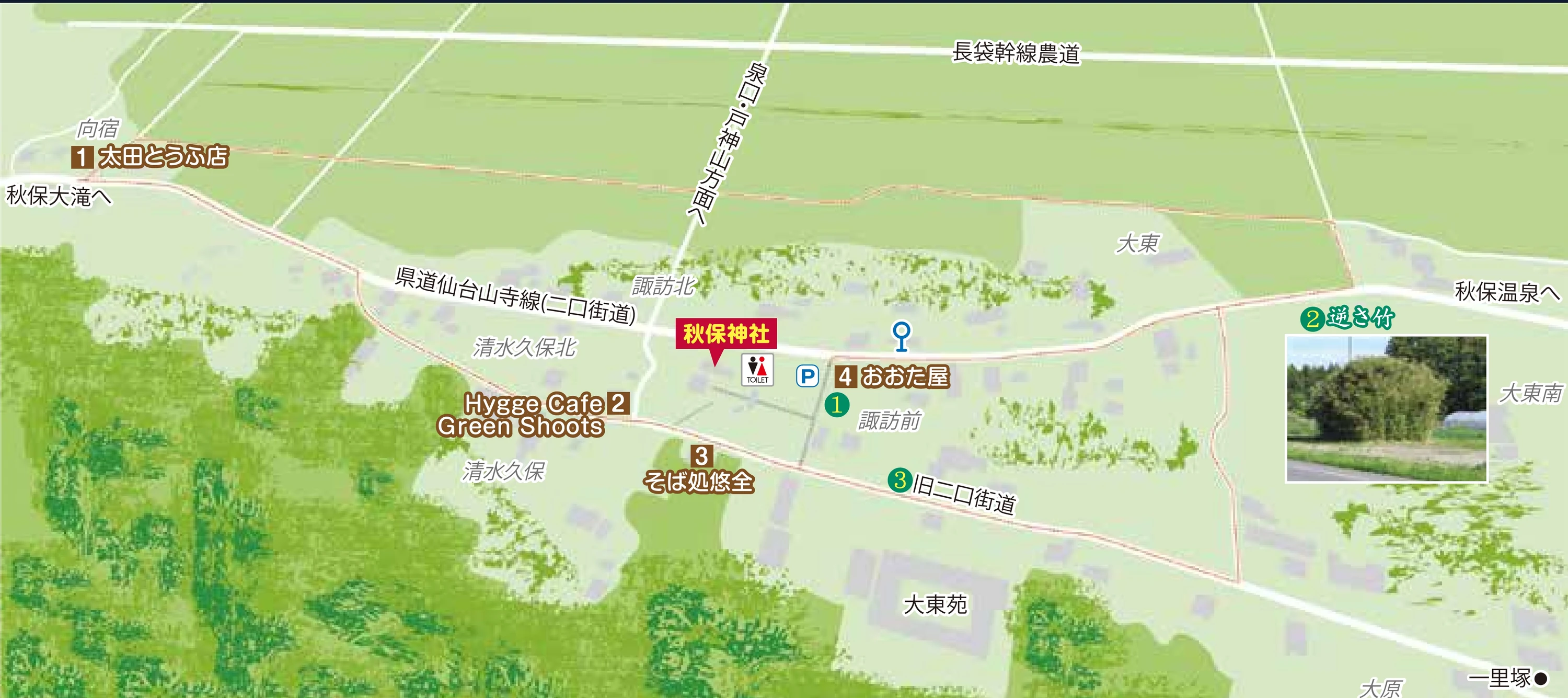 秋保神社一帶的官方散策圖：仙台市〈いってみっぺ秋保 No.40 秋保神社神楽〉（Ittemippe Akiu，去看看吧秋保・第四十號〈秋保神社神樂〉）的背面地圖，正北朝上。中央偏左是秋保神社，其北側橫貫東西的是縣道仙台山寺線（二口街道），南側另有一條舊二口街道；圖上並標出諏訪前、諏訪北、清水久保北、大東、大原與東南角的一里塚，左緣寫「秋保大滝へ」、右緣寫「秋保温泉へ」