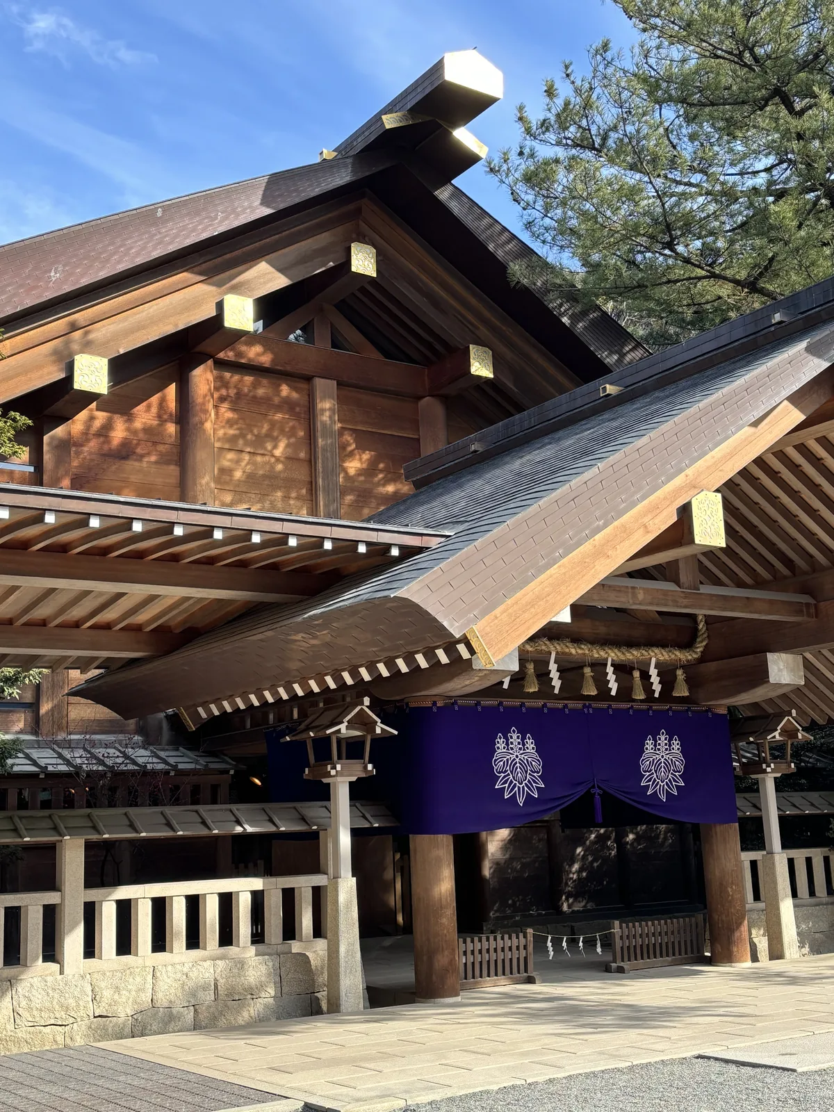 仰角。木造的殿身上疊著兩層屋頂，破風（はふ hafu，屋頂兩端的三角形山牆）下的木口與垂木（たるき taruki，屋簷下的椽子）端部全部包金。開口處掛著紫地白拔的暖簾兩幅，紋樣是對稱的草木形；簷下橫著注連繩與紙垂。前方是石造的基壇與欄杆。