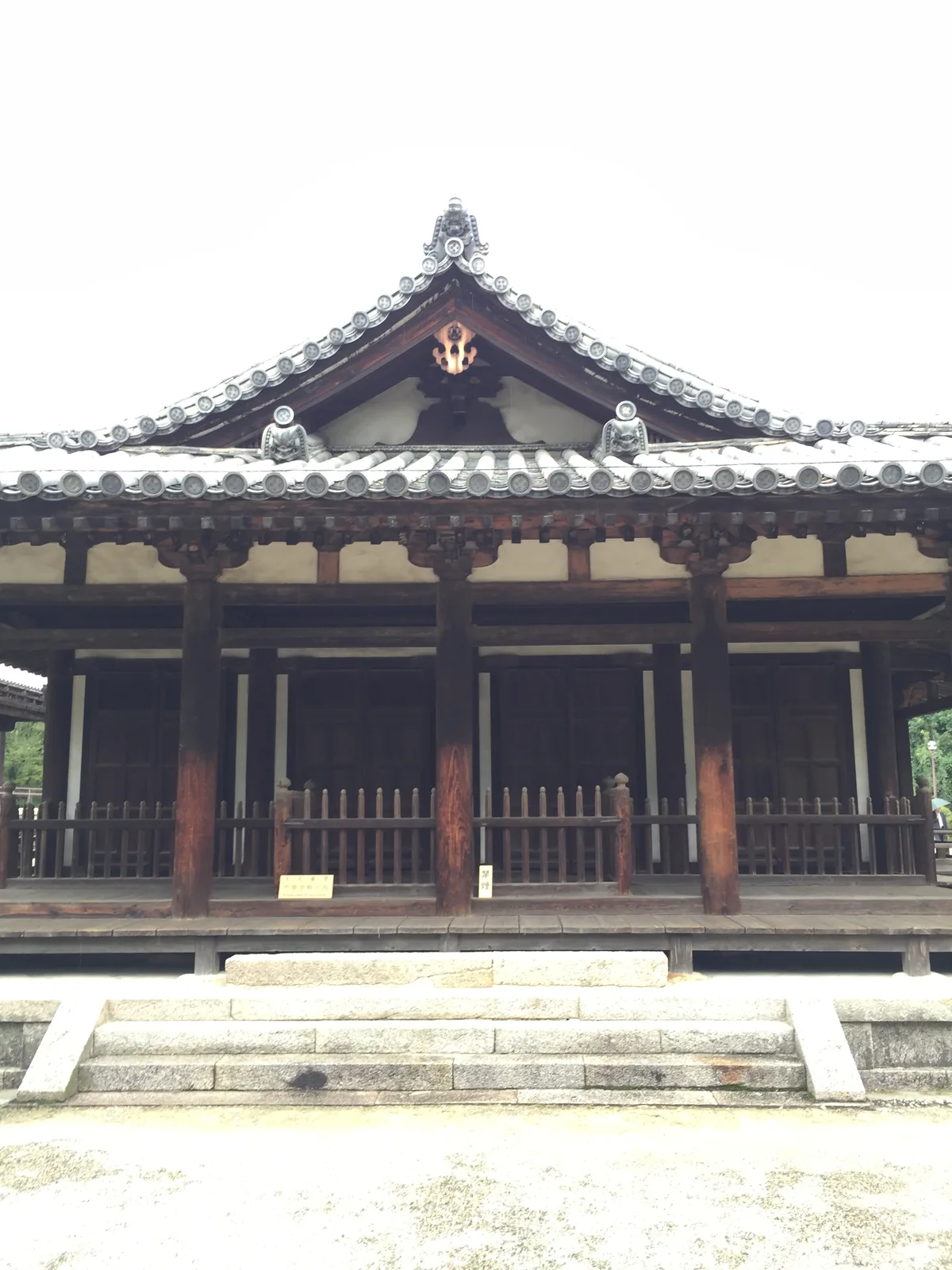 唐招提寺講堂正面：單層的木造長屋，四面斜坡加山牆的屋頂，屋脊中央與兩端立著裝飾，正面整排開放、只以低矮的欄杆隔開，前方是石階與砂地