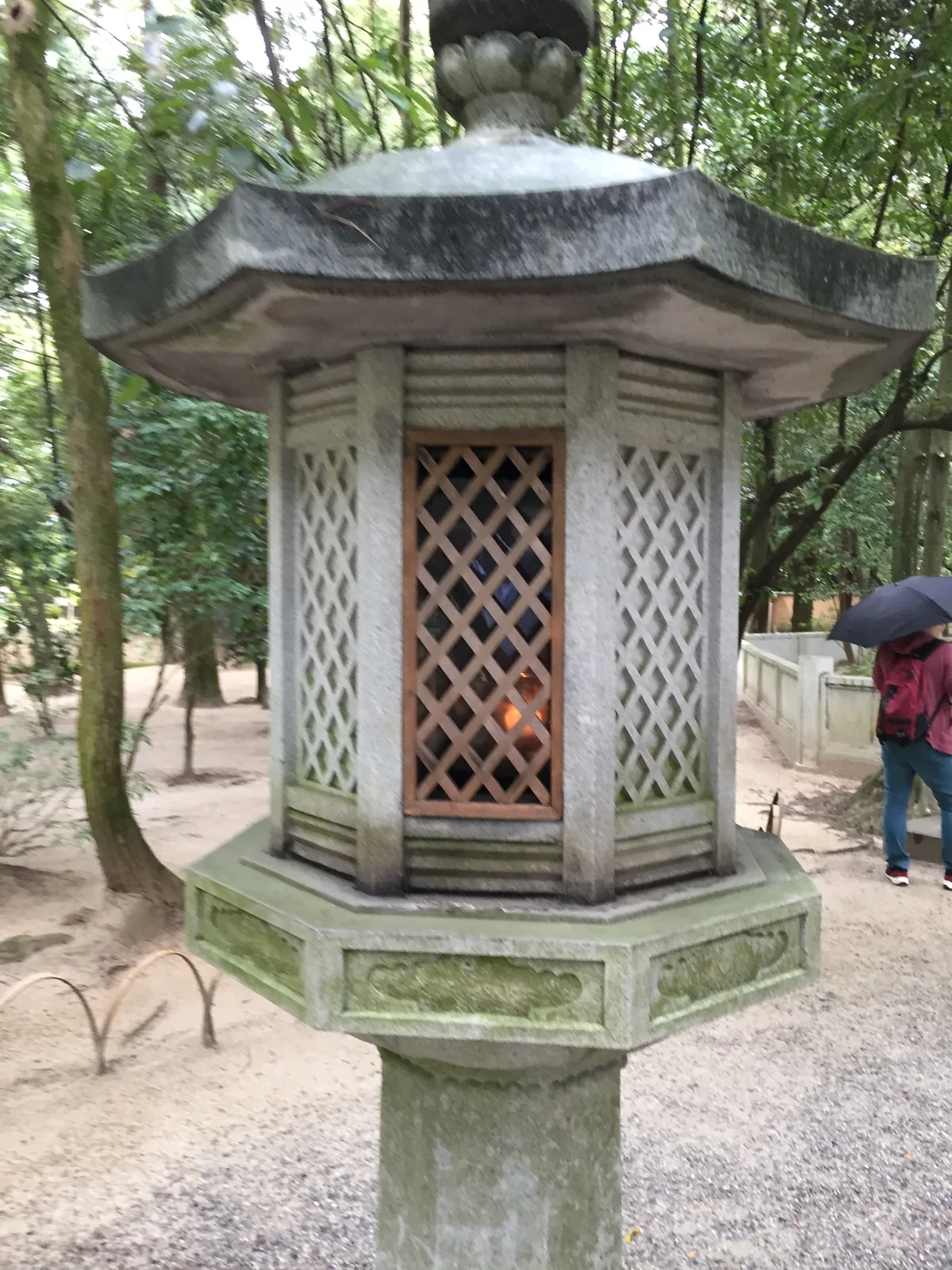 唐招提寺開山御廟前的八角石燈籠：火袋做成格子，石面生著苔，背後是杉林，陰天的光從樹縫散下來