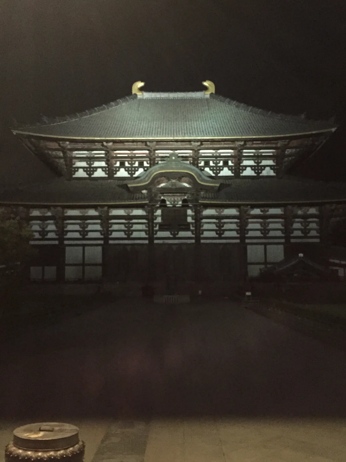 自中門望大佛殿的夜景：對稱的正面，屋脊兩端的金色飾物，中央一座弓形的裝飾山牆，山牆上方是關著的大窗；除了被打亮的屋頂與斗栱，整個畫面都是暗的