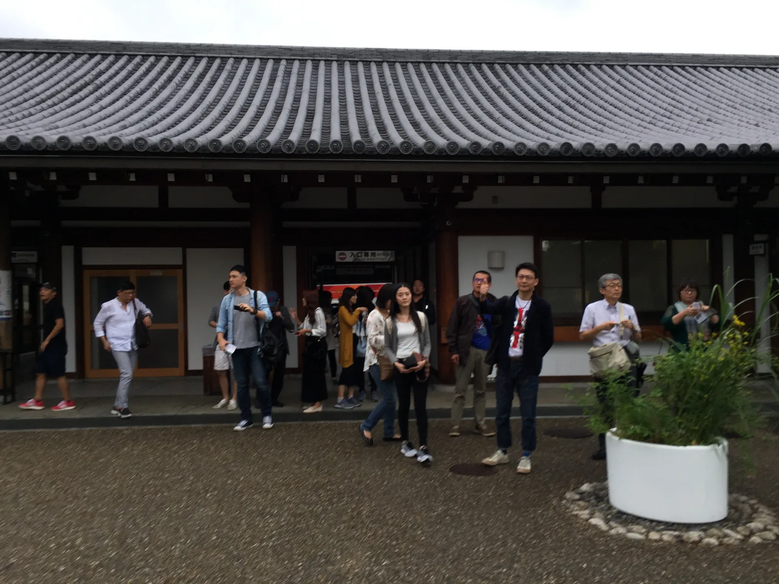 拜觀受付的建物：本瓦鋪的屋頂與木構的簷廊，簷下掛著寫有「入口専用」的牌子；一群剛下車的人站在碎石地上，右前方是一只白色的大花盆
