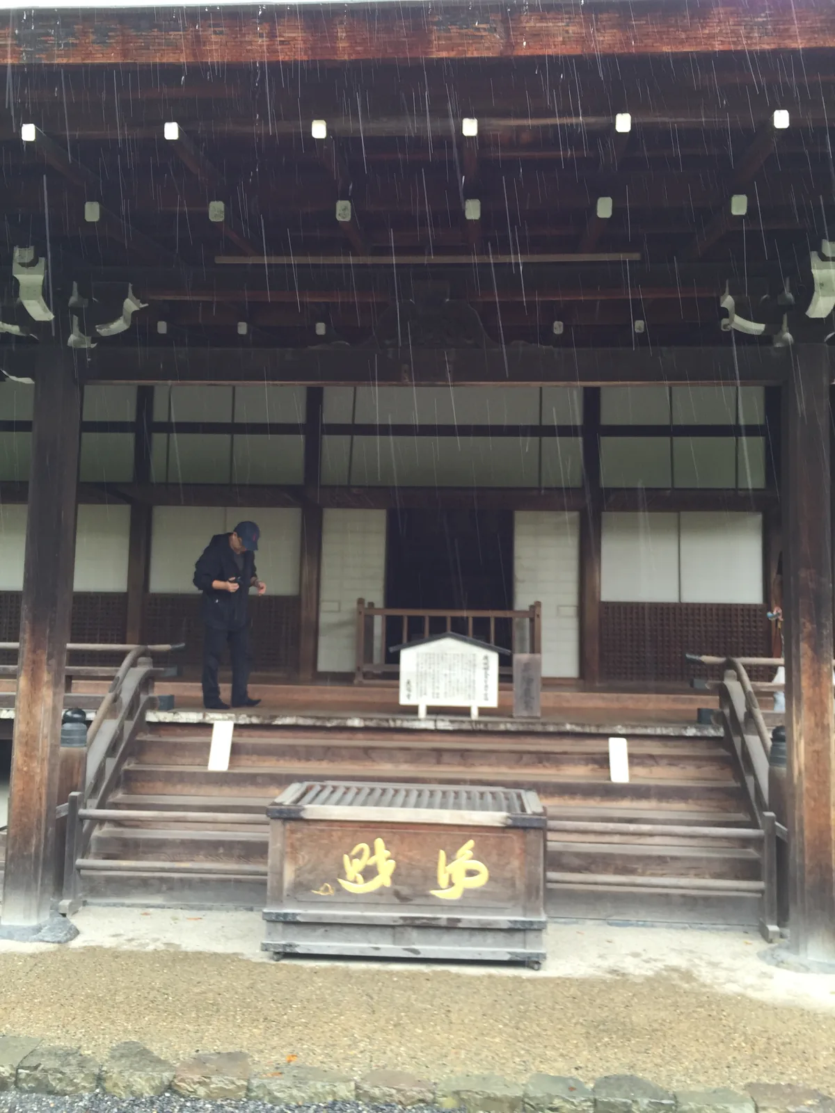 雨中的多寶殿正面：深簷下的雨絲被背光照成一條條白線，殿前一段木階梯與欄杆，階前擺著一只大木箱，箱面有兩個金色的字；一個穿黑衣的人低頭站在廊上