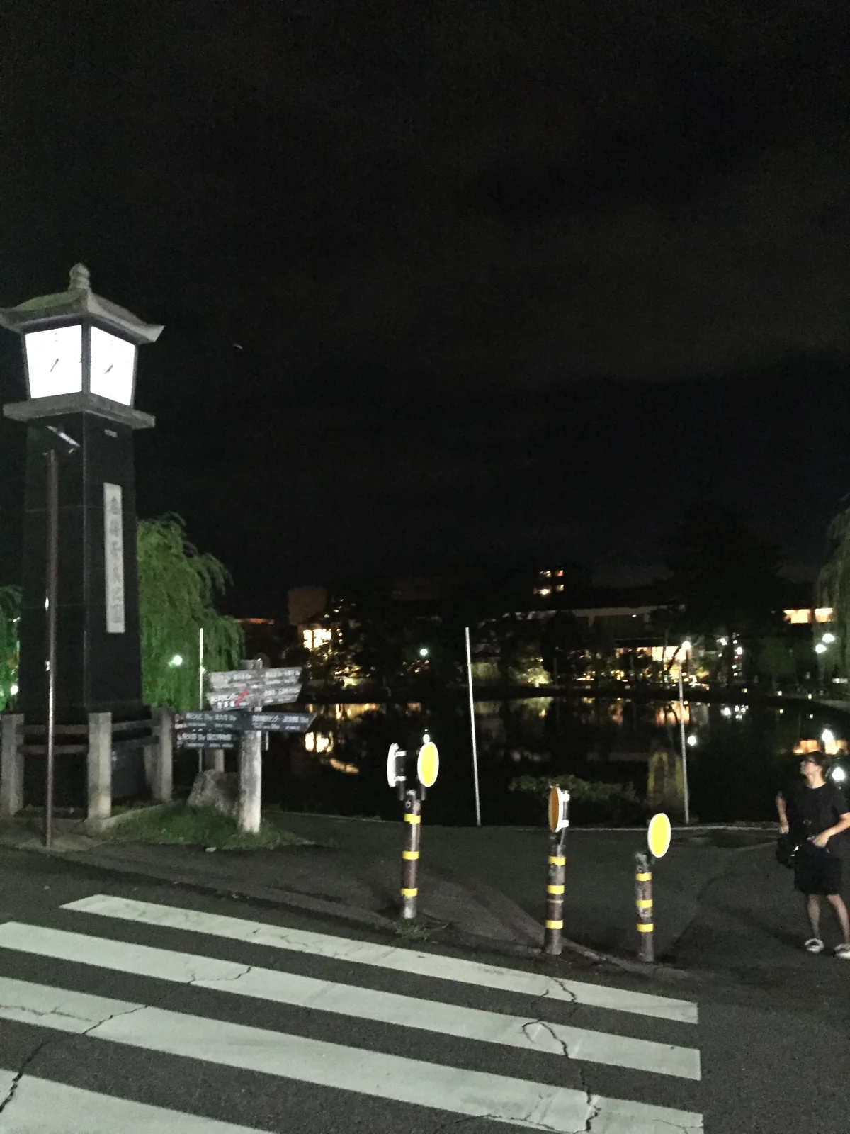 猿澤池西北角的路口：左側是方形燈箱的街燈與垂下的柳枝，中間立著多向的木製指標，前方三根黃黑相間的護柱與一道斑馬線，池面暗著只映出對岸奈良町的燈