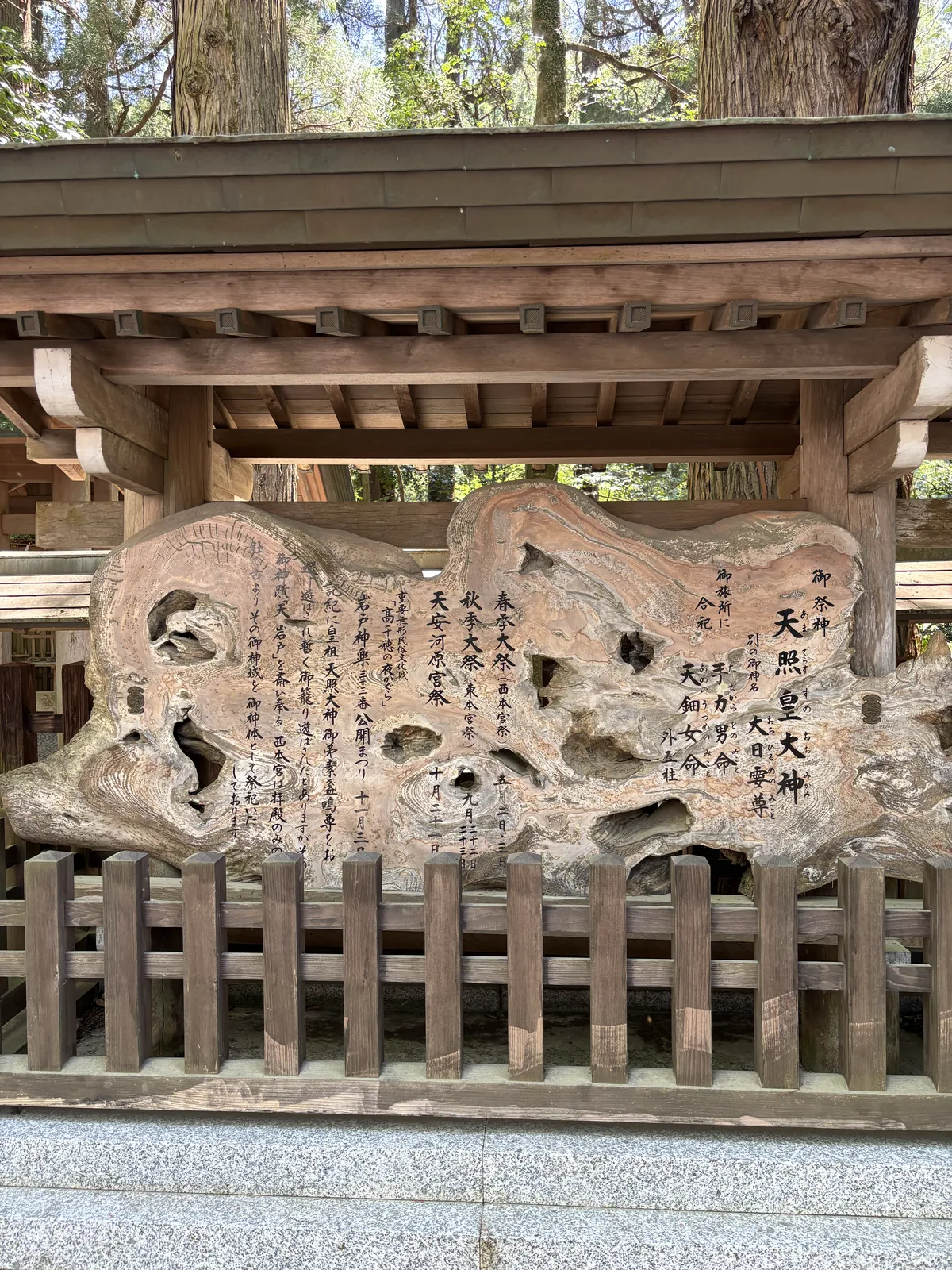 西本宮的御由緒板，一整片天然板上墨書祭神與祭典