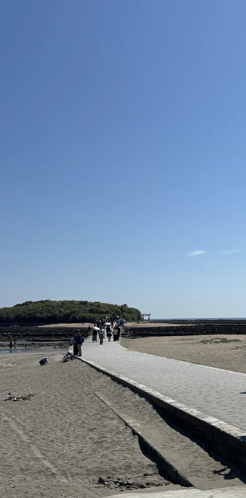 石板走道從沙灘上直伸向青島，盡頭立著朱紅色鳥居