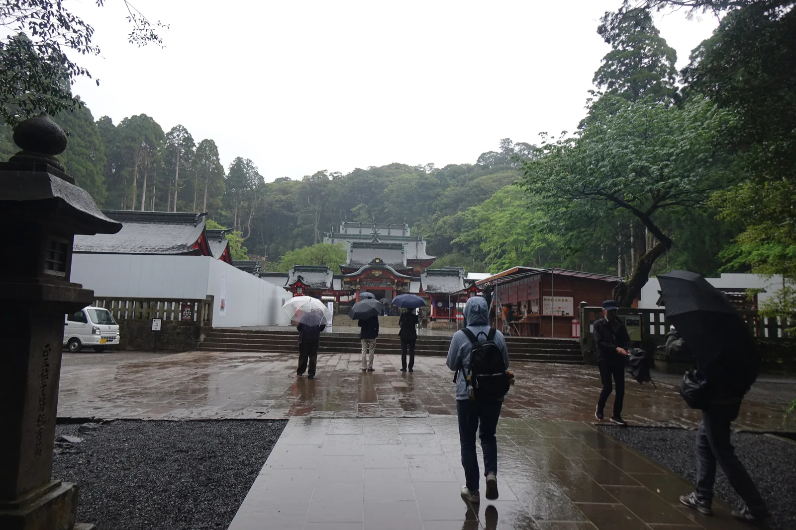 白牆社叢間的參道，雨中的樹林