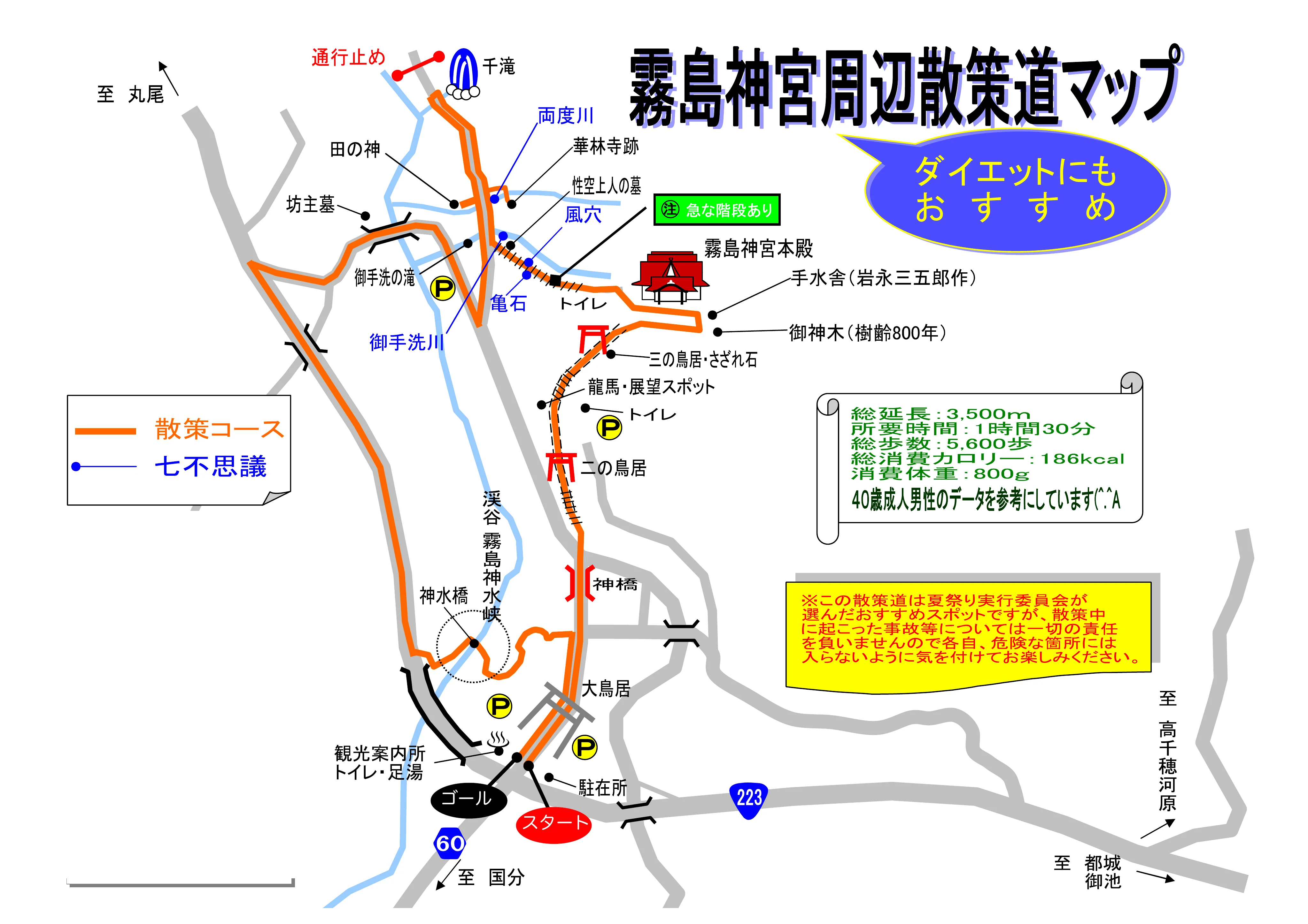 霧島神宮周辺散策道マップ：大鳥居出發、經霧島神水峡七不思議、繞回本殿的環狀路線