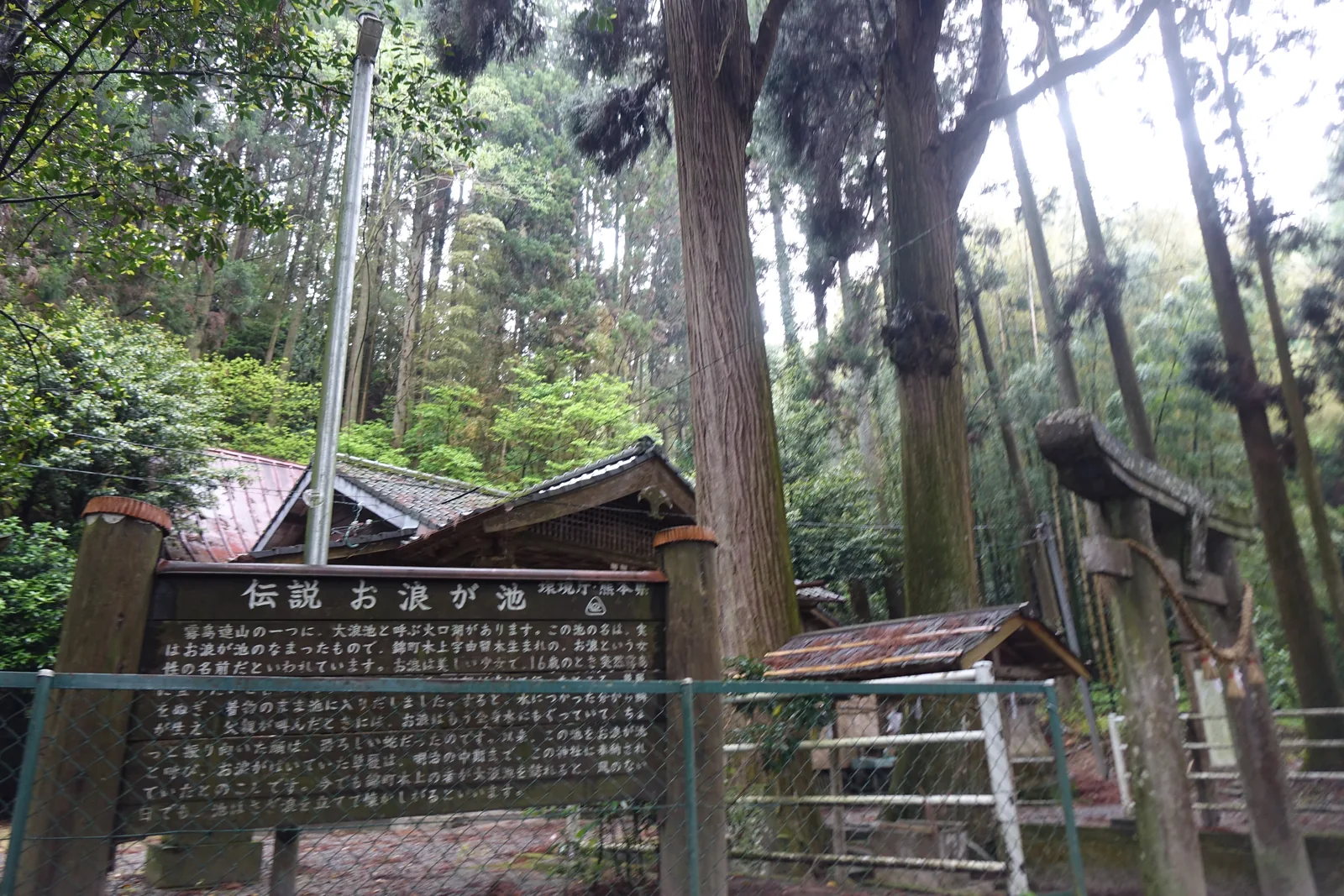 境內的木製說明板「伝説 お浪が池」，後方是社殿群與石鳥居