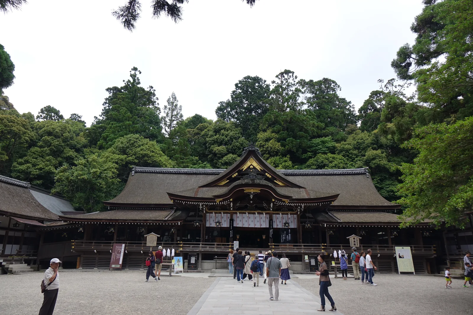 大神神社的拜殿正面，橫長的切妻造建築，正面伸出唐破風的大向拜，白木構造，前方是白砂與石疊的前庭