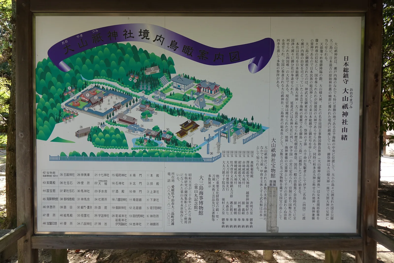 大山祇神社境內的手繪案內圖，把御本社、上津社、下津社、齋田、寶物館與後方三座山畫在同一張紙上