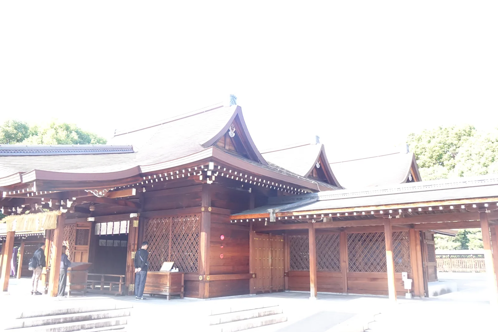 城南宮的本殿，素木造，由本殿、前殿、向拜與翼廊組成，屋根坡度緩、軒端反翹