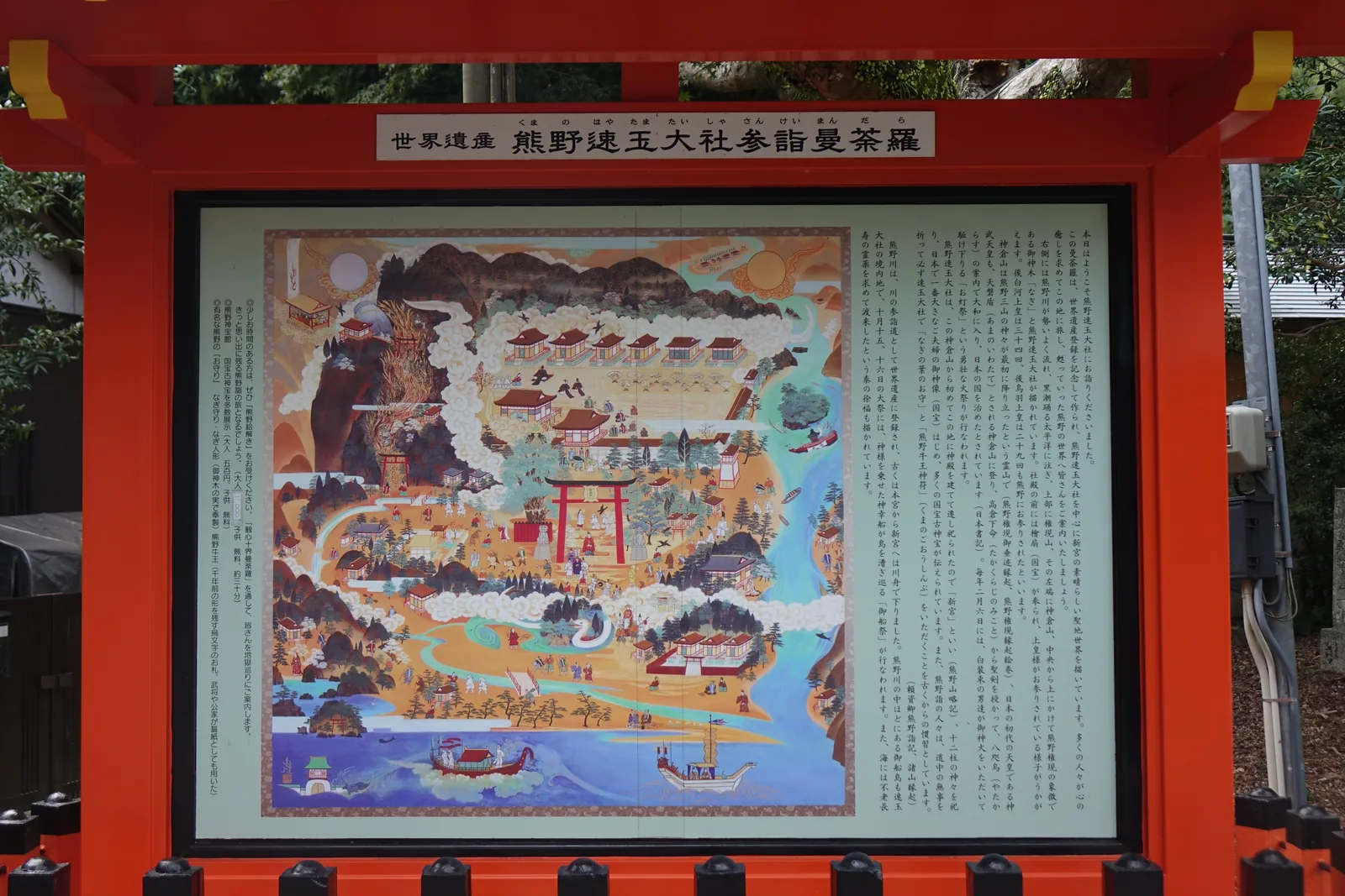 熊野速玉大社境內的彩色「熊野速玉大社參詣曼荼羅」圖板，熊野比丘尼當年帶著這樣的一張圖走遍全國講熊野
