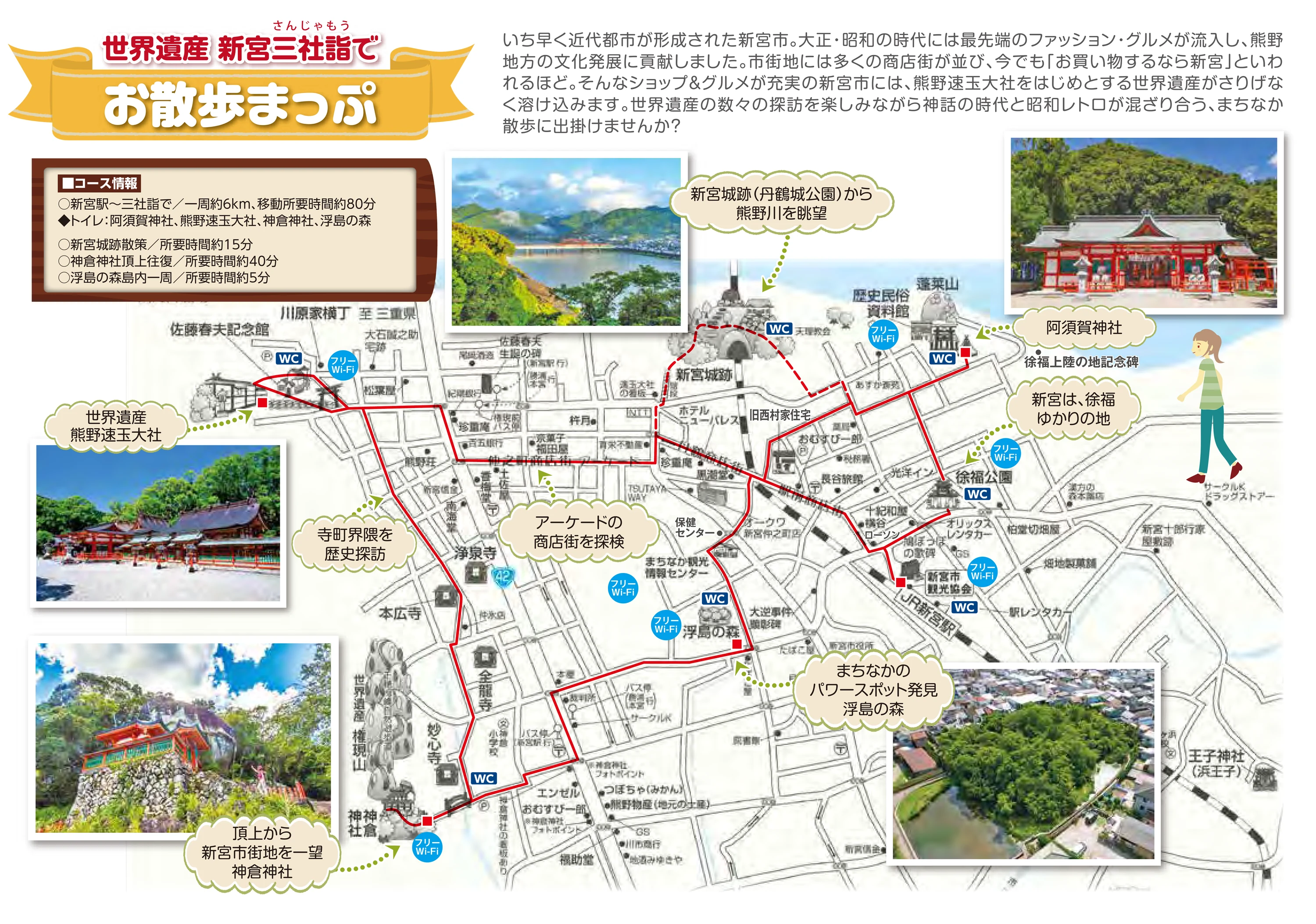新宮市觀光協會發行的《世界遺産 新宮三社詣で お散歩まっぷ》，紅線標出從新宮驛經徐福公園、阿須賀神社、新宮城跡、熊野速玉大社、浮島の森到神倉神社的一周路線