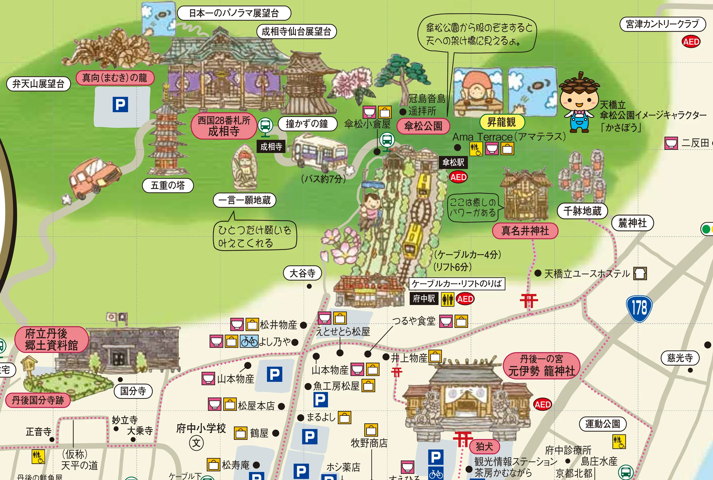 天橋立散策地圖的府中一帶：下緣是府立丹後鄉土資料館與丹後國分寺跡，中段是府中的聚落與元伊勢籠神社，上緣的綠色山腹上是成相寺、五重塔與成相山全景展望所
