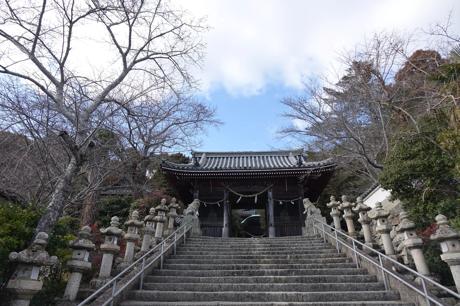 大避神社通往神門的石階，兩側排滿石燈籠，盡頭是二層的樓門