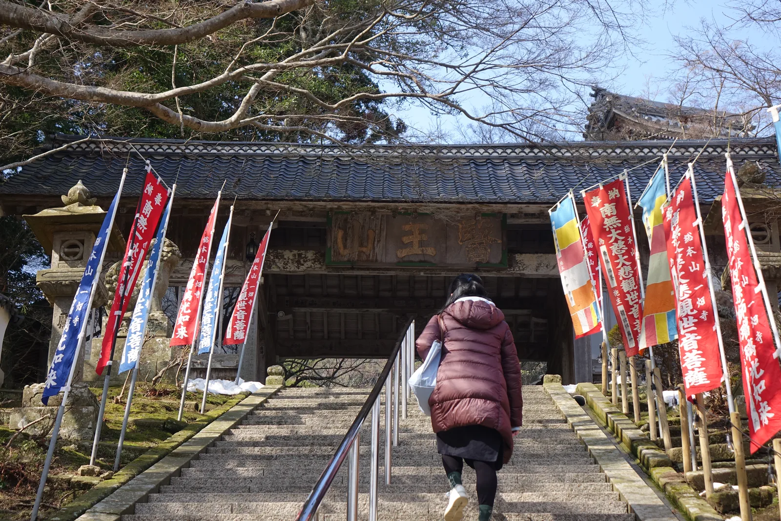 石段上端的門，單層三開間、本瓦葺。中央那方綠底金字的扁額寫「醫王山」，是這座寺的山號。兩側幟旗紅藍相間，紅的寫「南無藥師瑠璃光如來」與「南無大慈大悲觀世音菩薩」，中間夾五色幡。門後屋頂露出來的是本堂。