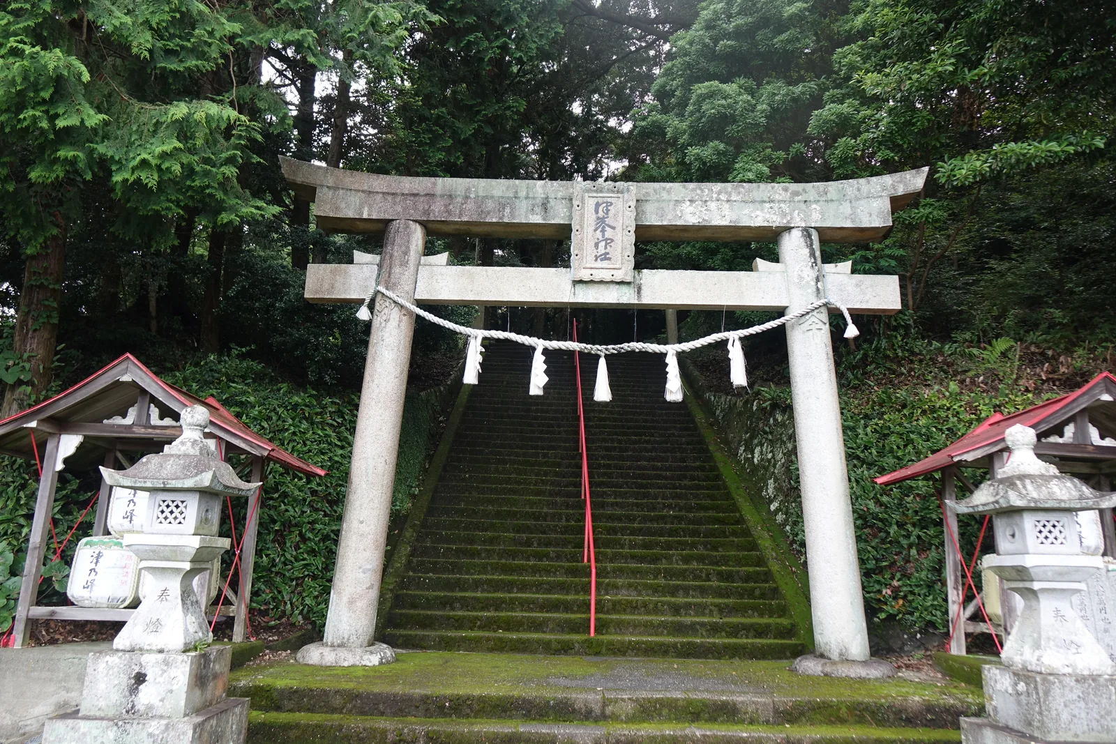 津峯神社的石造鳥居與覆滿青苔的石段：石段中央拉著一條紅色扶手，兩側是石燈籠與朱色小屋頂的境內社