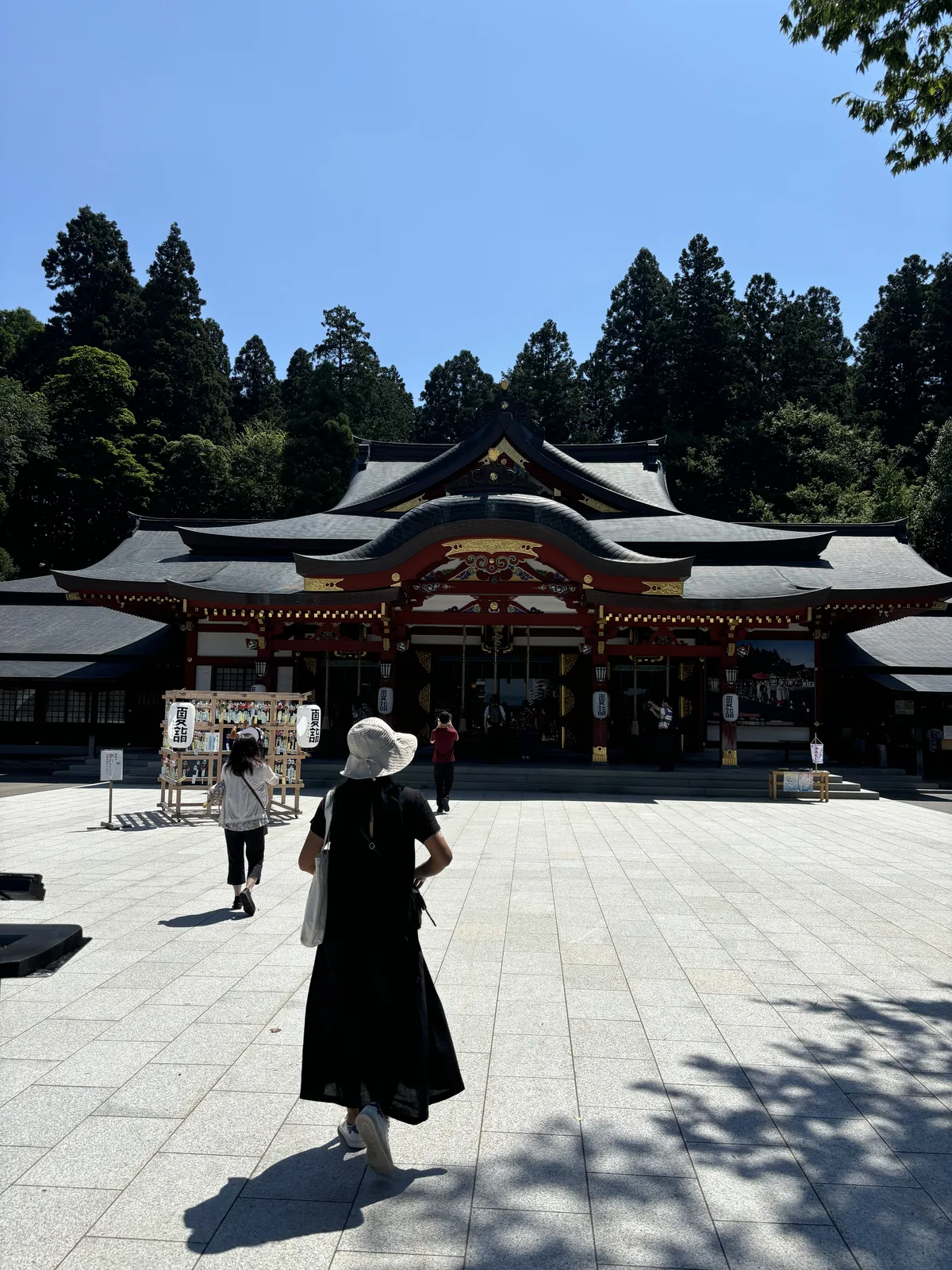 一面立在廣場邊的雙聯看板。左半是紅底白字的說明，右半寫「神社挙式セット」與價格「217,800円」，下方排著婚禮場景的小照片與一整列項目與金額。看板後方是樹與停車場。