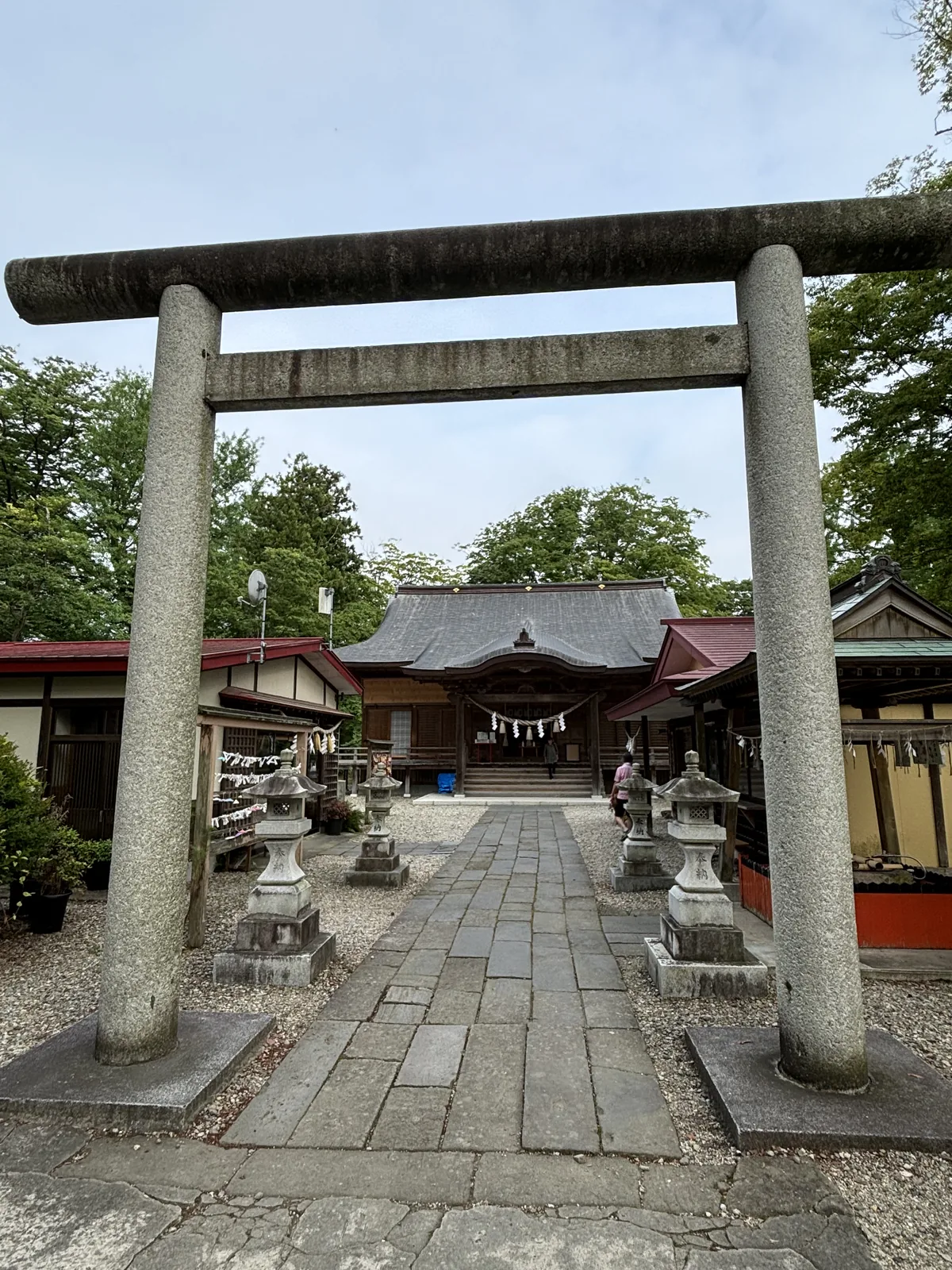 灰色的石造鳥居立在畫面正中，笠木平直。穿過鳥居可以看見石板參道、兩對石燈籠與盡頭的社殿。左側有一棟朱漆與灰瓦的小建物，右側是掛著白幕的社務所。地面是白色的玉砂利與修剪過的低樹。