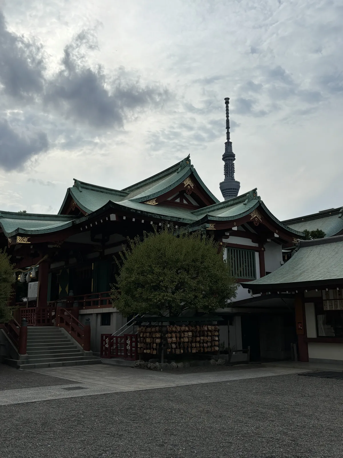 斜側面。朱色的社殿、綠色的屋頂、後方六百三十四公尺的東京晴空塔，三樣東西疊在同一個畫面裡。沒有人設計過這個構圖——它只是一座低地上的老神社剛好站在新塔的腳邊。