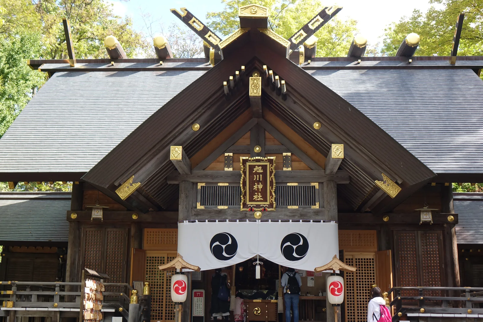 旭川神社拜殿正面，銅板葺屋頂，屋脊兩端立交叉的千木，破風下懸金色飾金具，向拜垂白幕