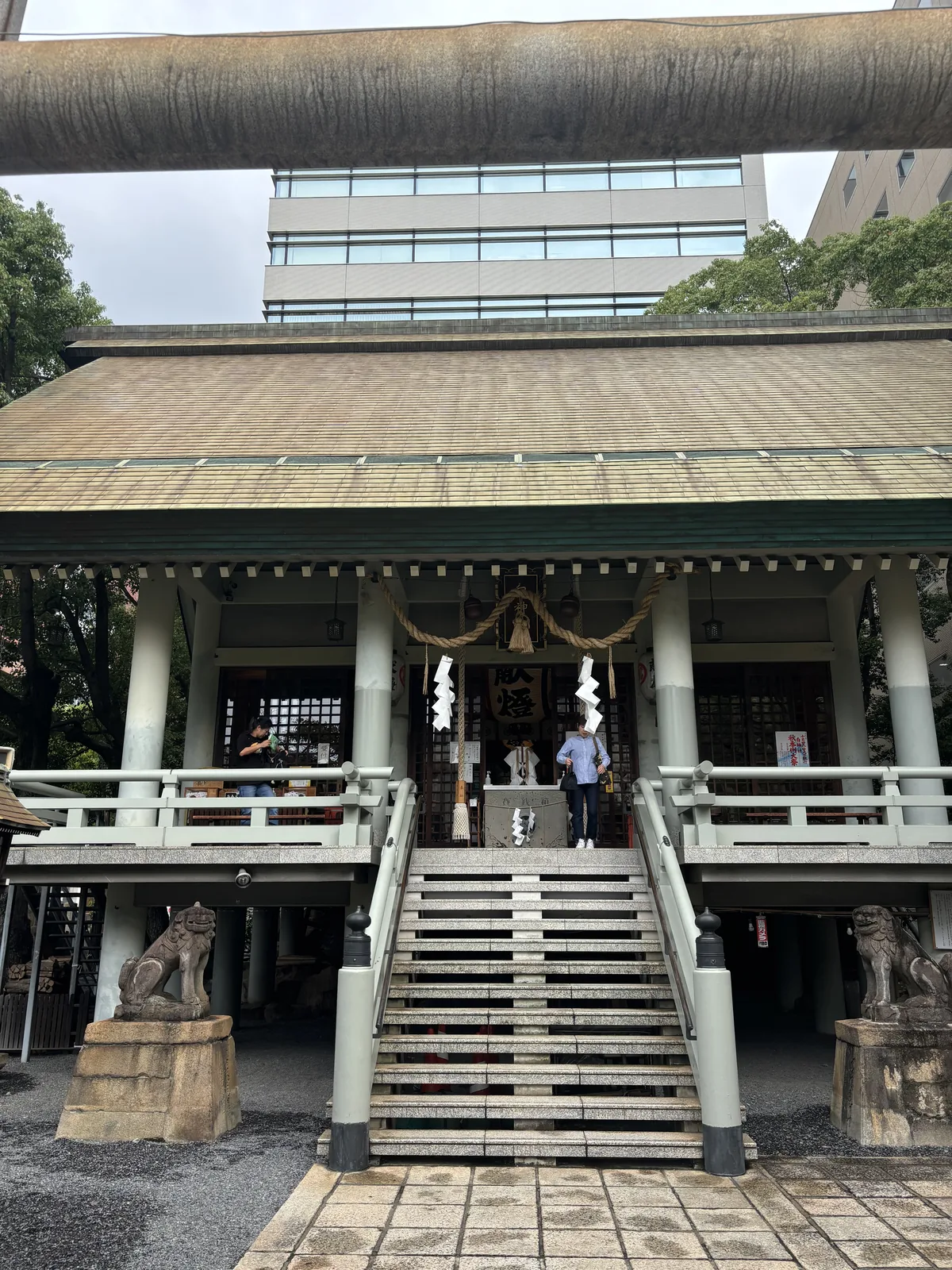 從鳥居底下正對白神社拜殿，正面一整排柱子不設牆，注連繩垂三束紙垂，上方扁額直書「白神社」