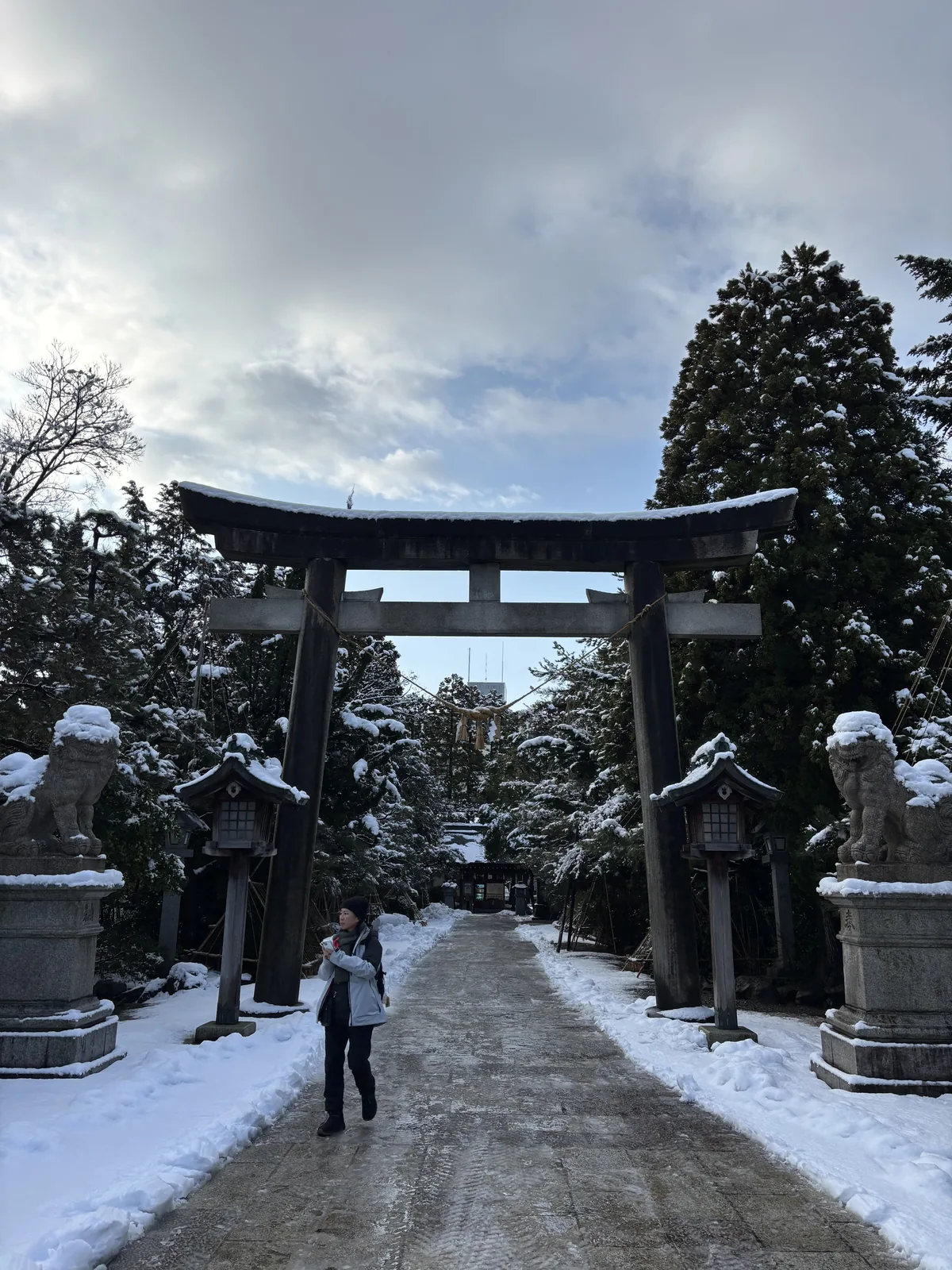 日枝神社北向的表參道，石鳥居的笠木上積雪，兩側的松樹做了雪吊り，石板被剷出一條乾道